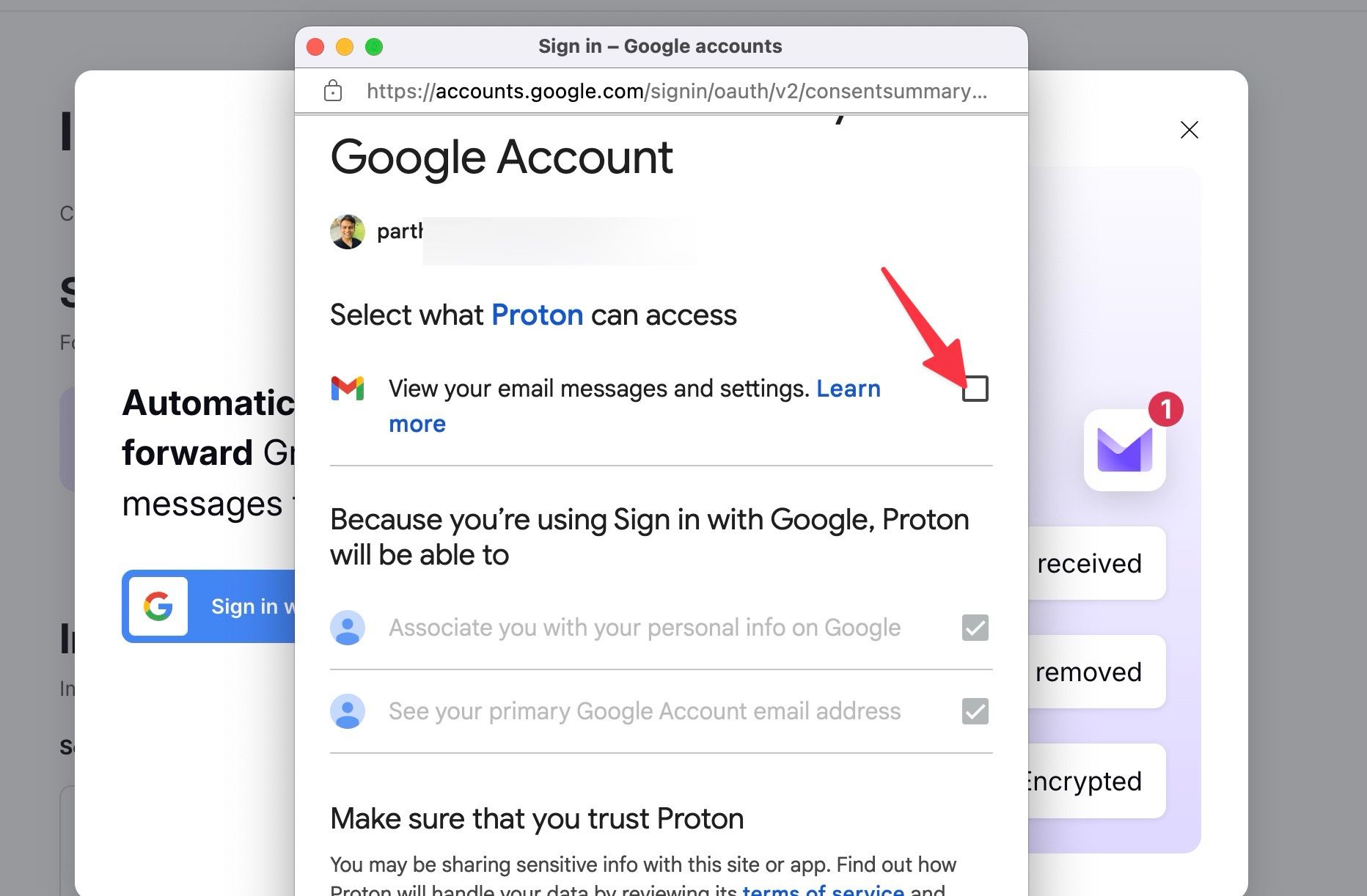 Dê permissões para seu Proton Mail