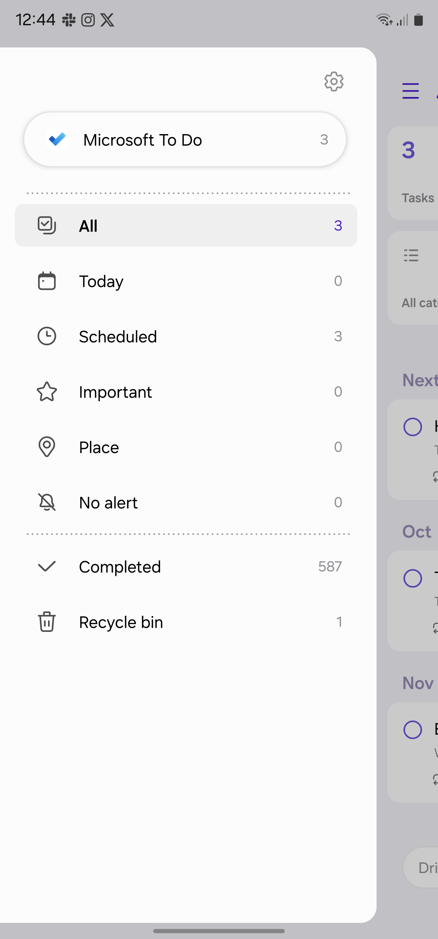 O aplicativo Samsung Reminders mostrando o menu principal