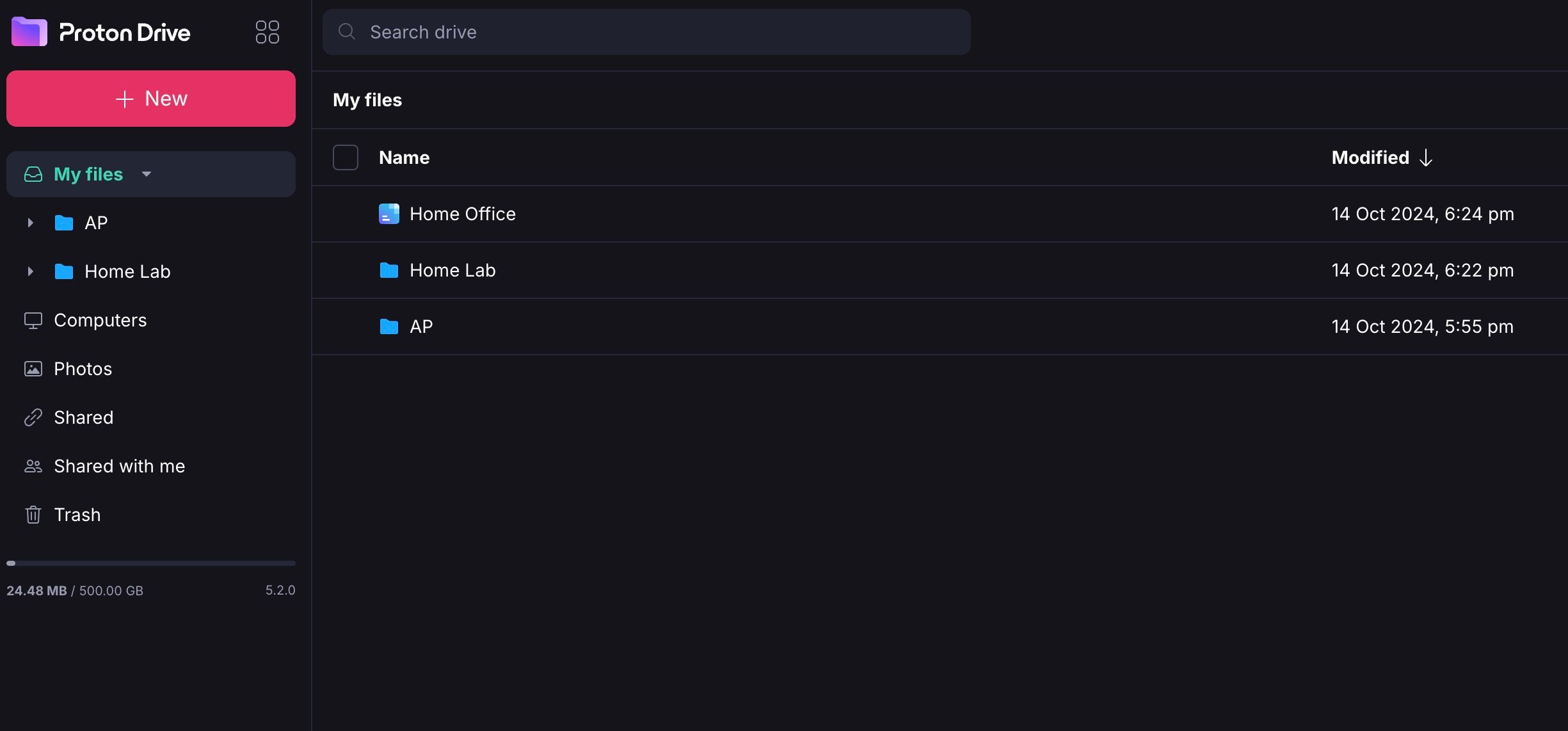 Menu inicial do Proton Drive