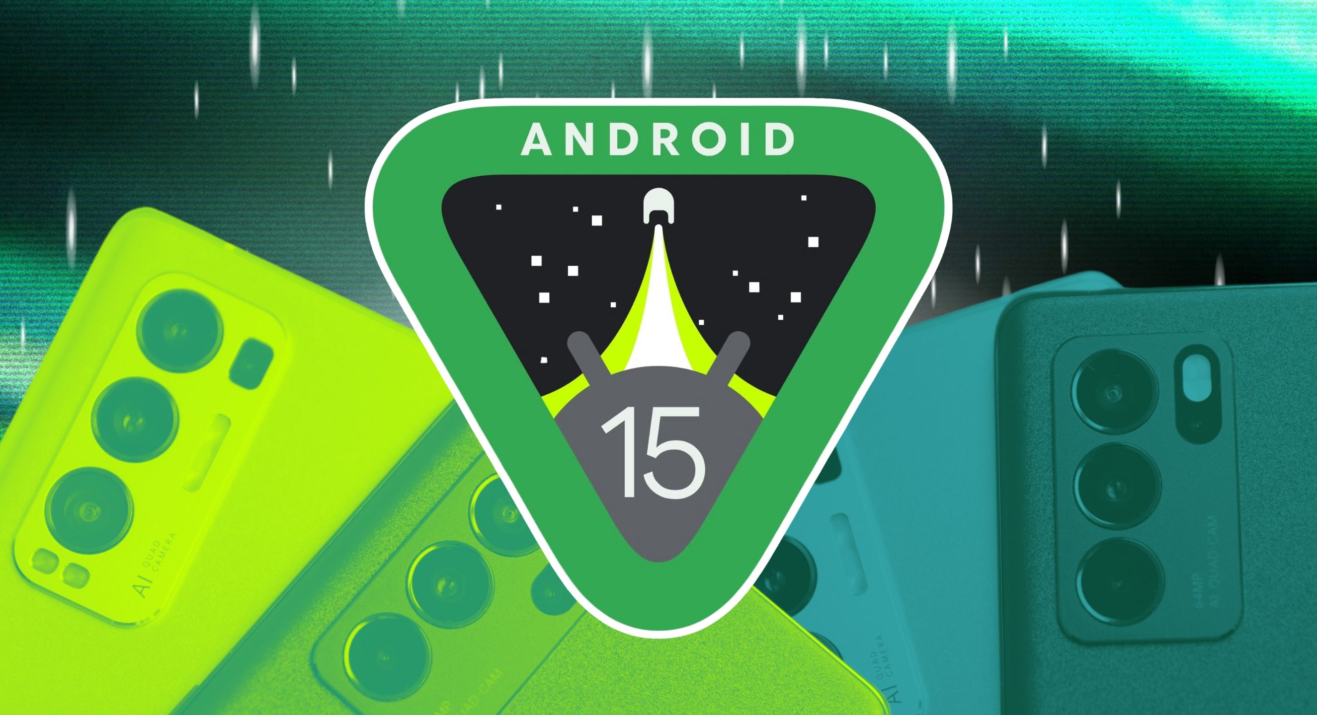 O emblema do Android 15 na frente de uma coleção de telefones