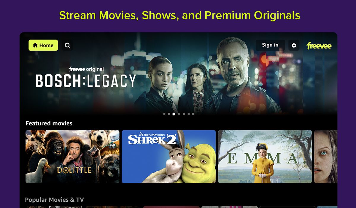 A imagem da interface da plataforma de streaming Freevee, destacando "Bosch: Legado," uma série original da Freevee.