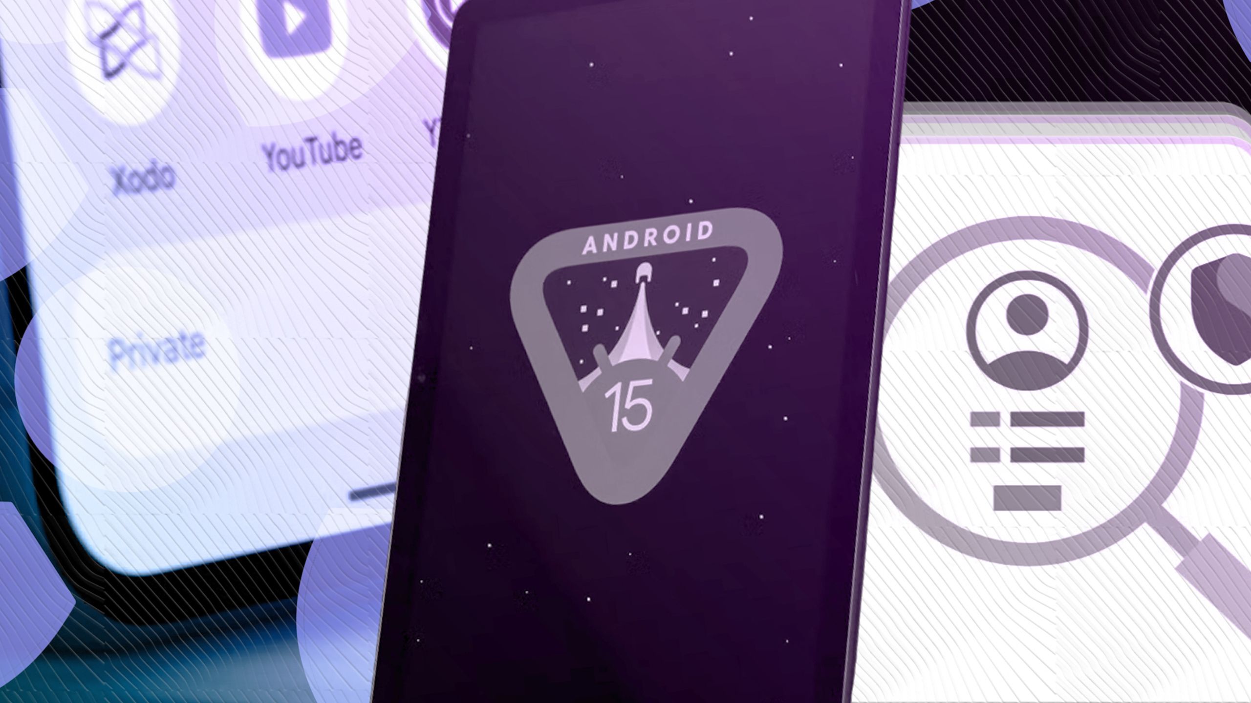 Uma ilustração fotográfica de um telefone com o logotipo do Android 15 contra um fundo roxo claro com aplicativos