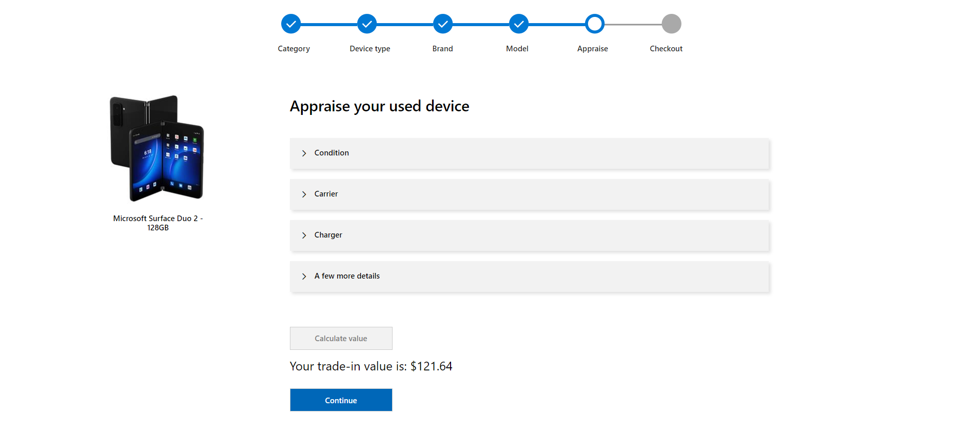 Uma captura de tela do site da Microsoft destacando o valor de troca do Surface Duo 2 de 128 GB.