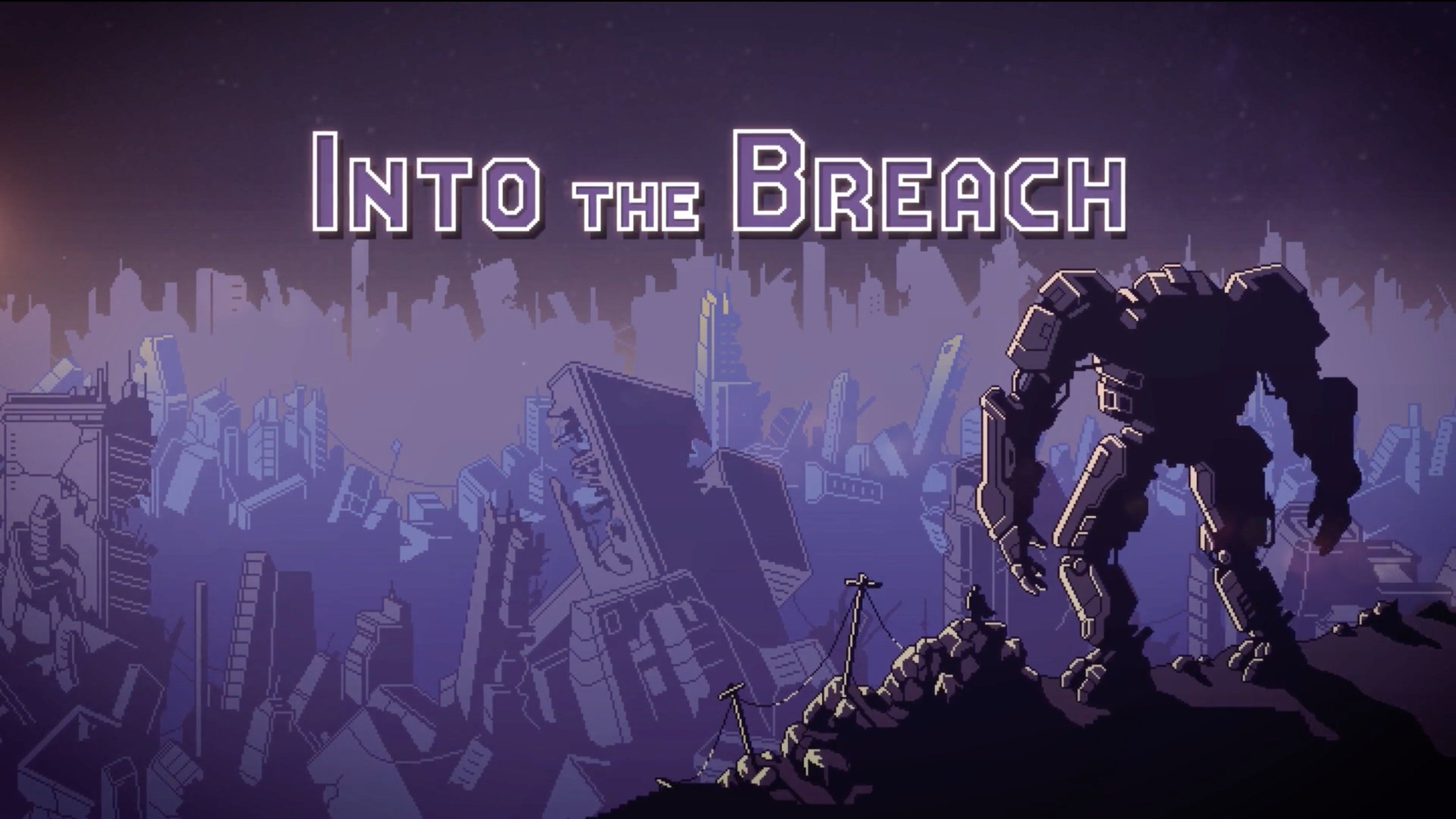 Logotipo e arte do Into the Breach mostrando o roboto em pé