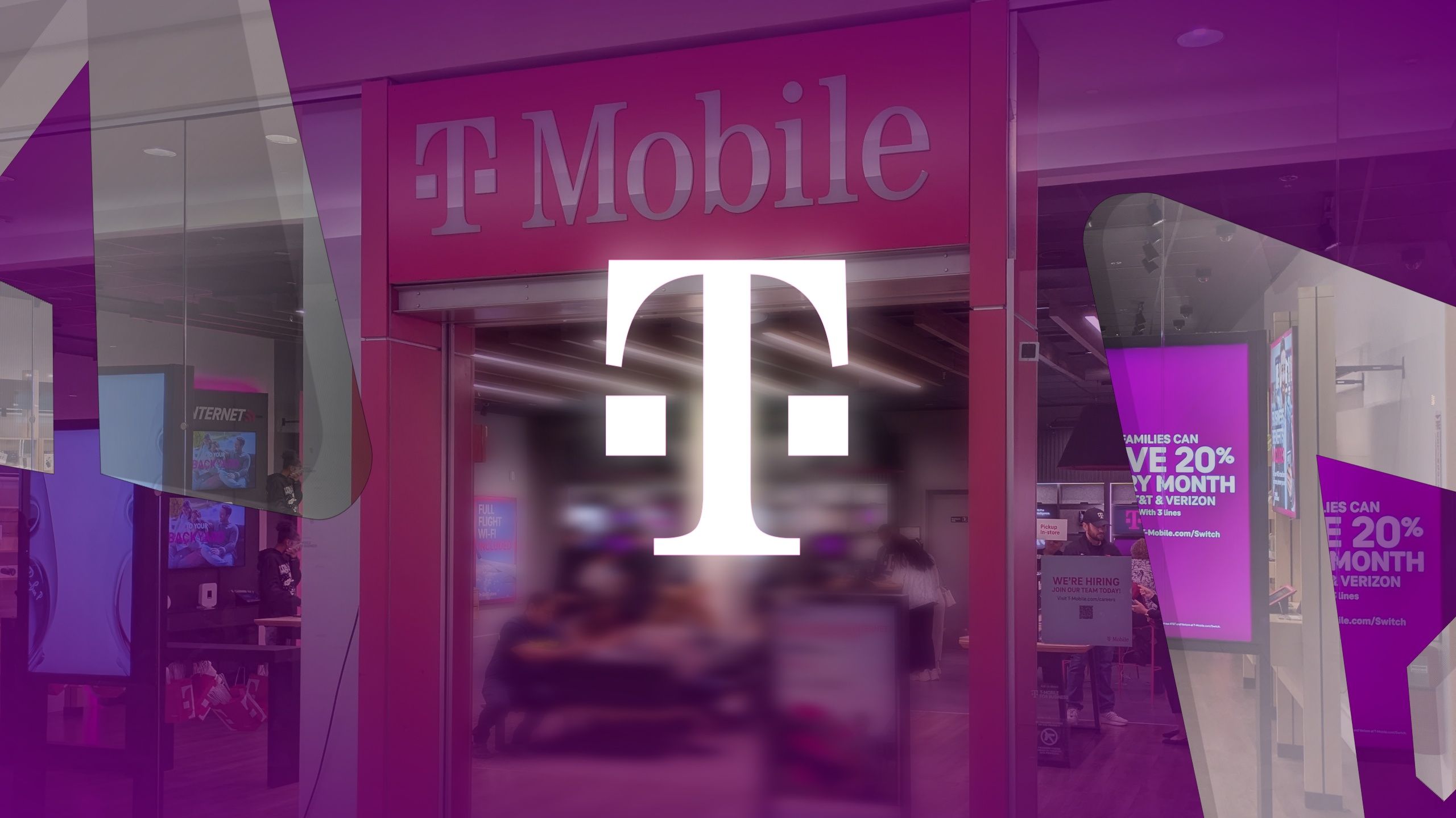 O logotipo da T-Mobile com a vitrine da T-Mobile ao fundo