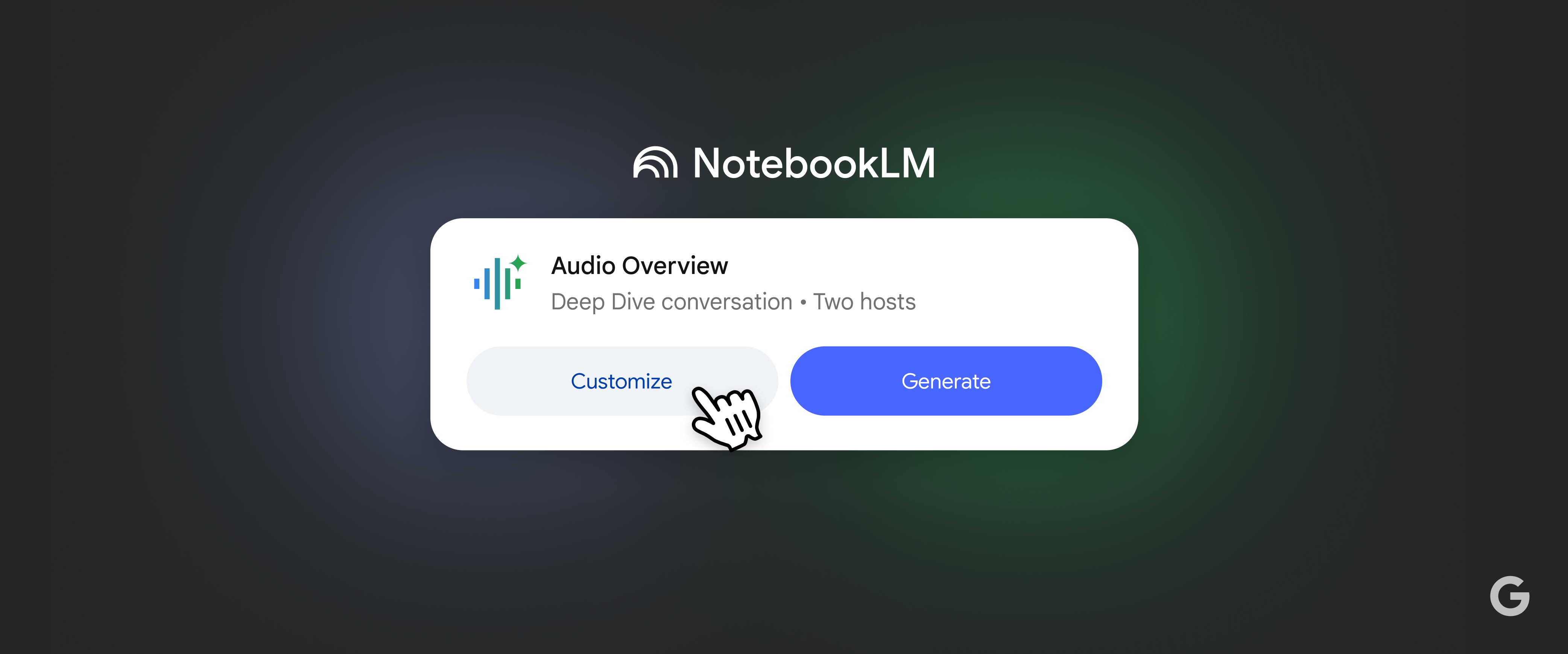 Renderização mostrando novas opções para visão geral de áudio do NotebookLM "Podcast de IA" recurso.