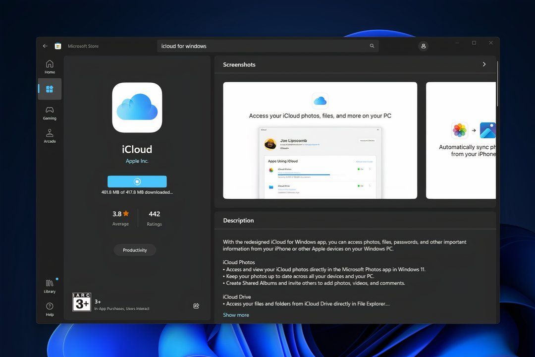 Microsoft Store com o aplicativo iCloud para Windows em destaque