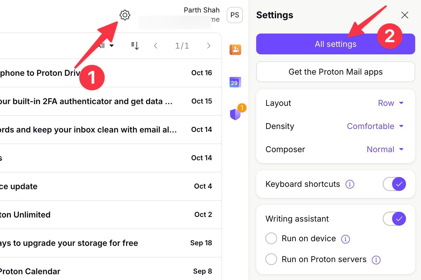 Abra as configurações do próton