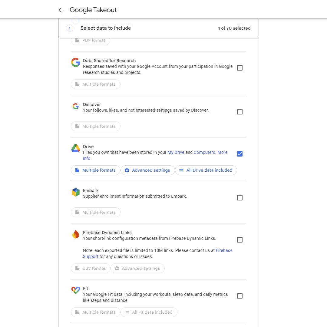 Uma captura de tela da tela de seleção do Google Takeout