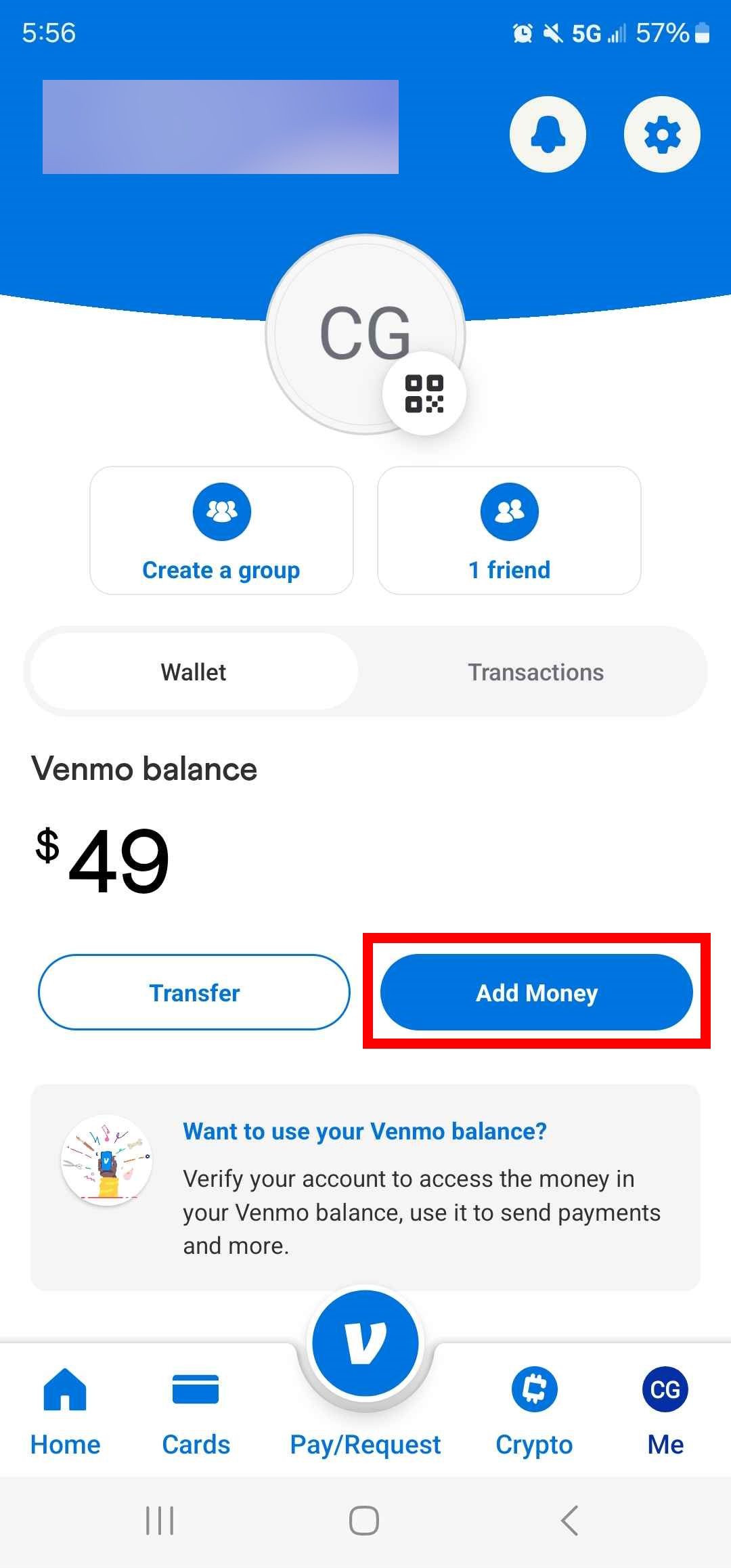 Contorno de retângulo vermelho destacando Adicionar dinheiro no aplicativo Venmo