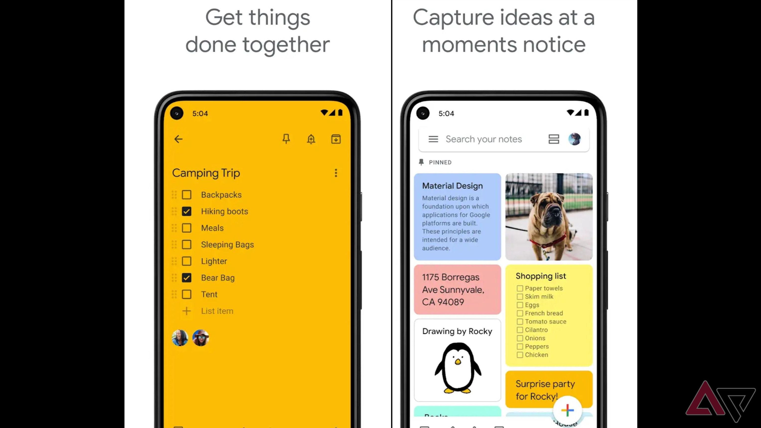 Imagens do aplicativo Google Keep com uma lista de verificação e várias notas coloridas