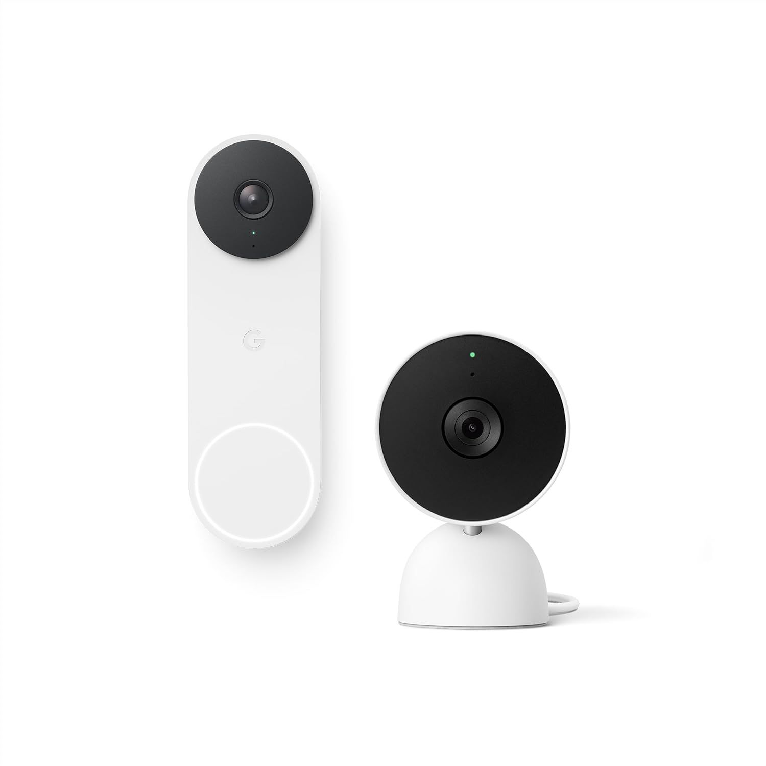 Google Nest Doorbell (com fio, 2ª geração) e Google Nest Cam (interno, com fio) voltados para a frente em fundo branco