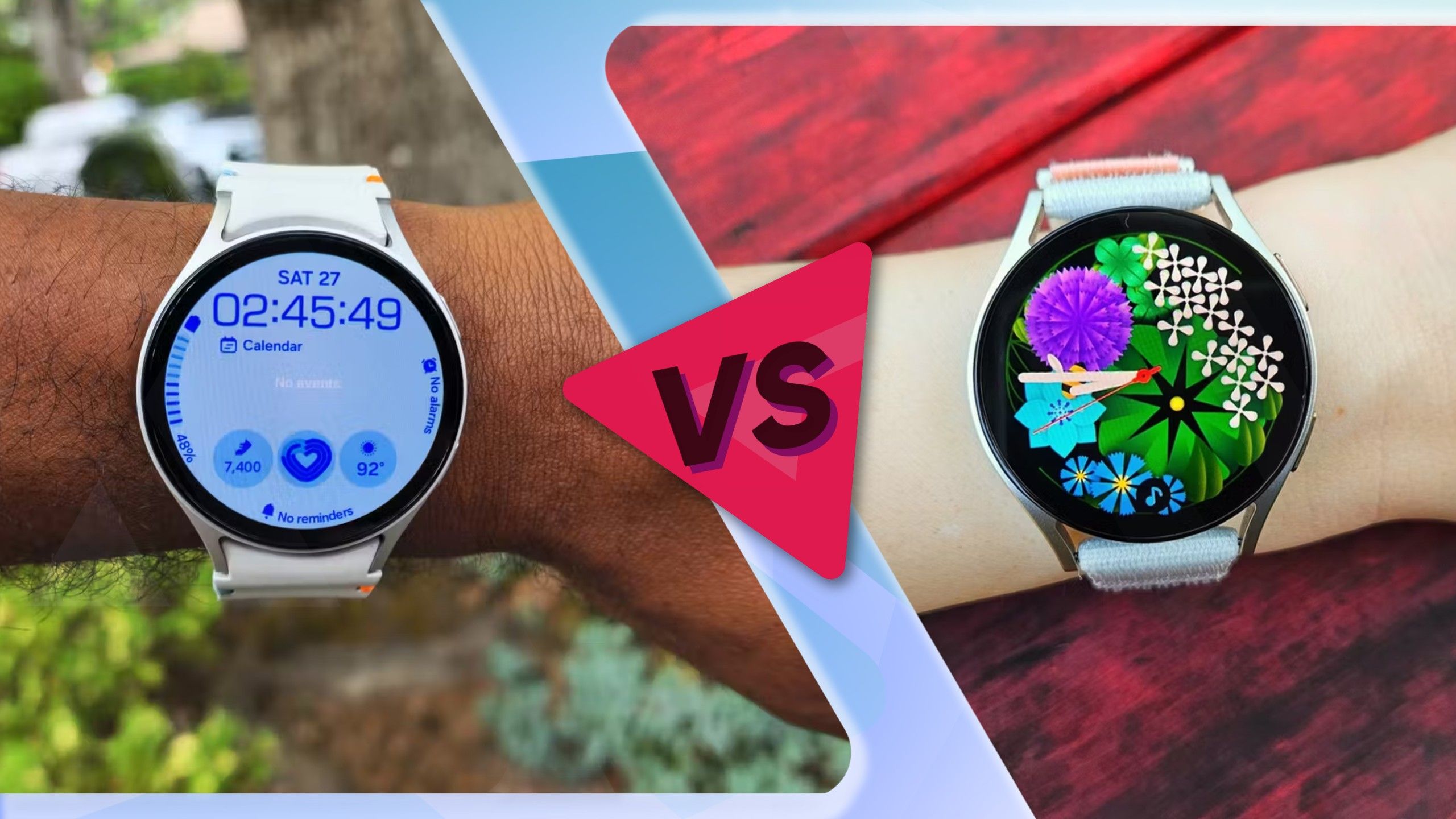 Samsung Galaxy Watch 7 à esquerda com o Galaxy Watch 6 à direita com um logotipo vermelho versus no meio em um fundo azul.