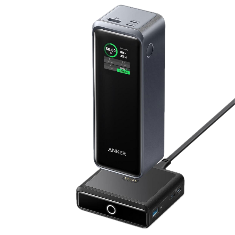 Power Bank Anker Prime 27.650mAh (250W) com base de carregamento de 100W em fundo branco