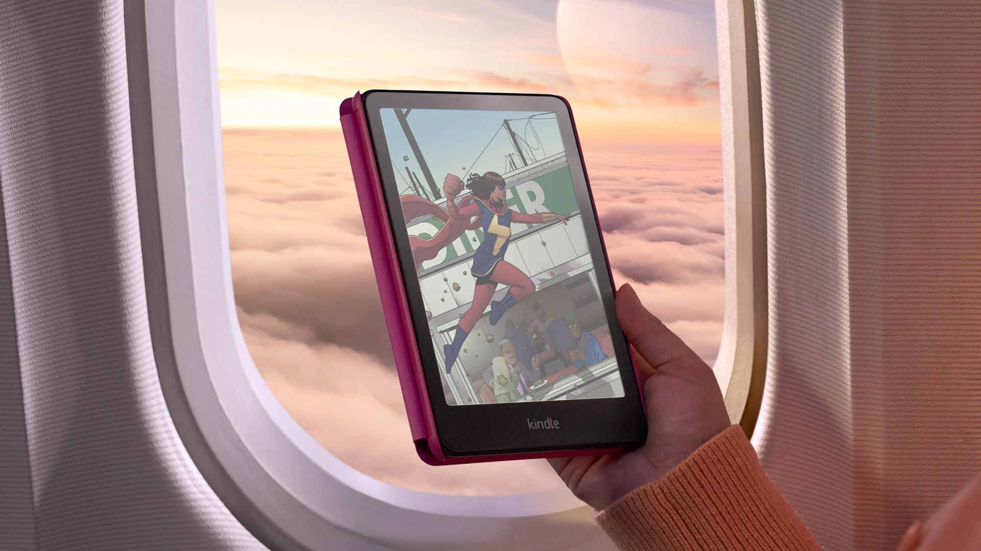 Amazon Kindle Colorsoft em um avião