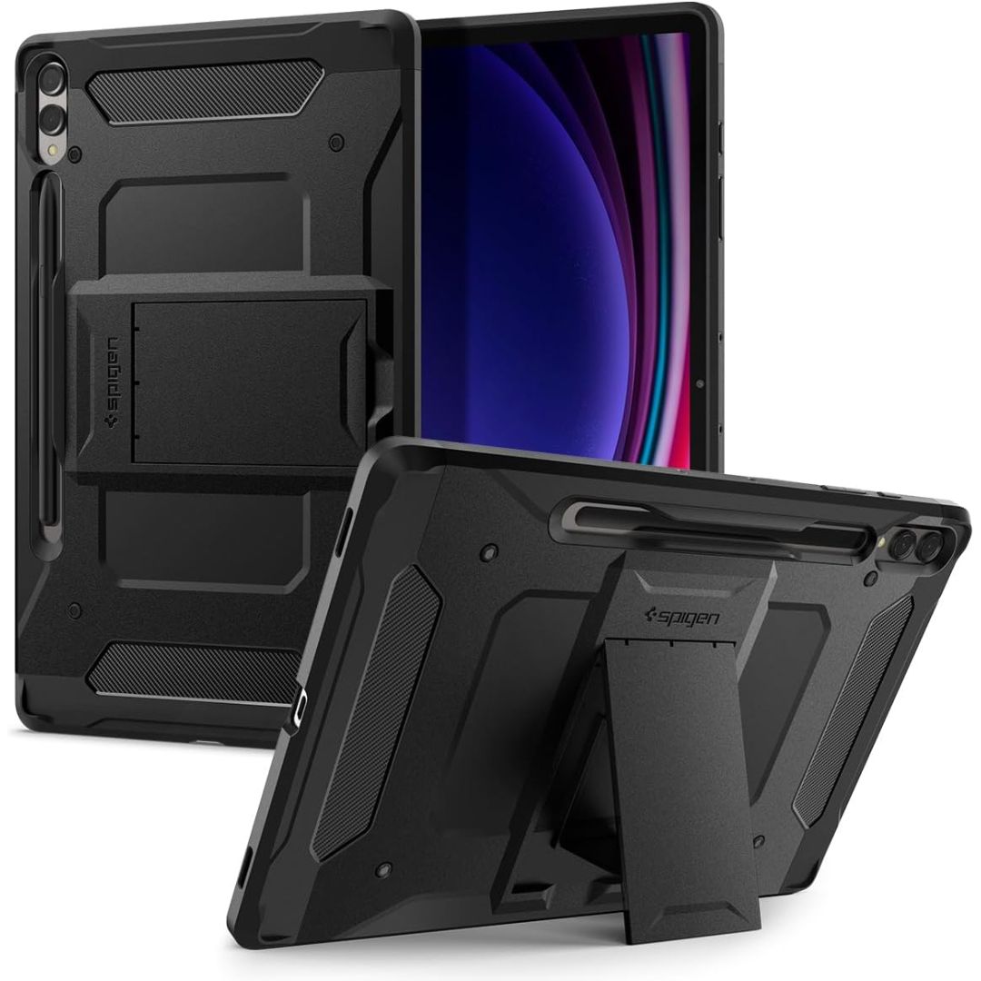 Capa Spigen Tough Armor Pro para Galaxy Tab S10, visualizações frontal, traseira e suporte