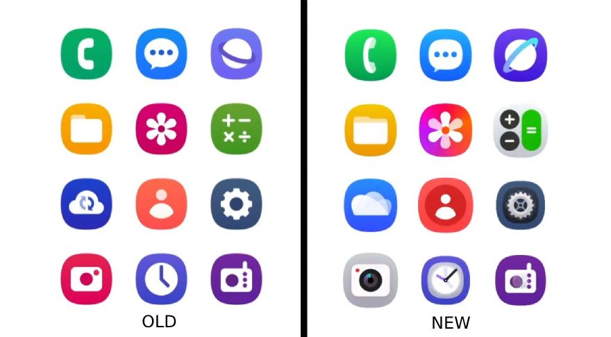 Capturas de tela dos ícones antigos do One UI 6 e dos novos ícones do One UI 7.