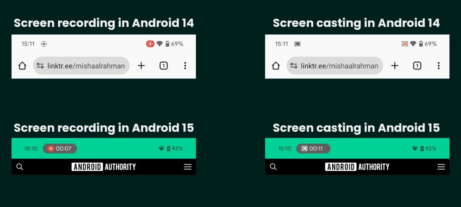 Uma comparação dos ícones da barra de status para gravação e transmissão de tela no Android 14 e Android 15, respectivamente