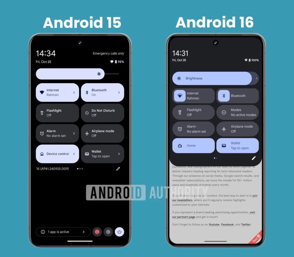 O painel Configurações rápidas no Android 15 vs Android 16