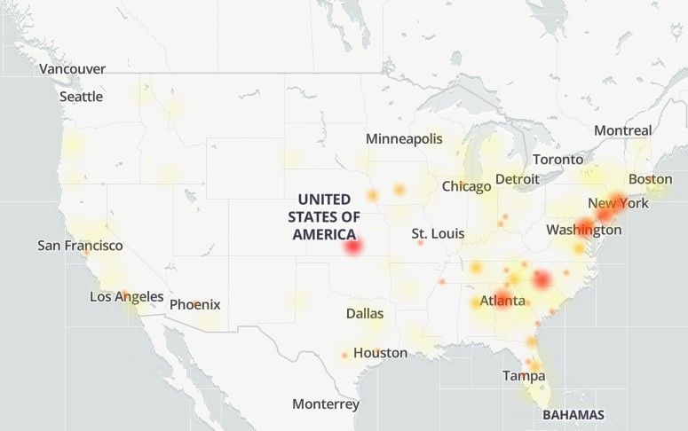 Um mapa destacando as áreas de onde vêm a maioria das reclamações sobre a queda da Verizon.