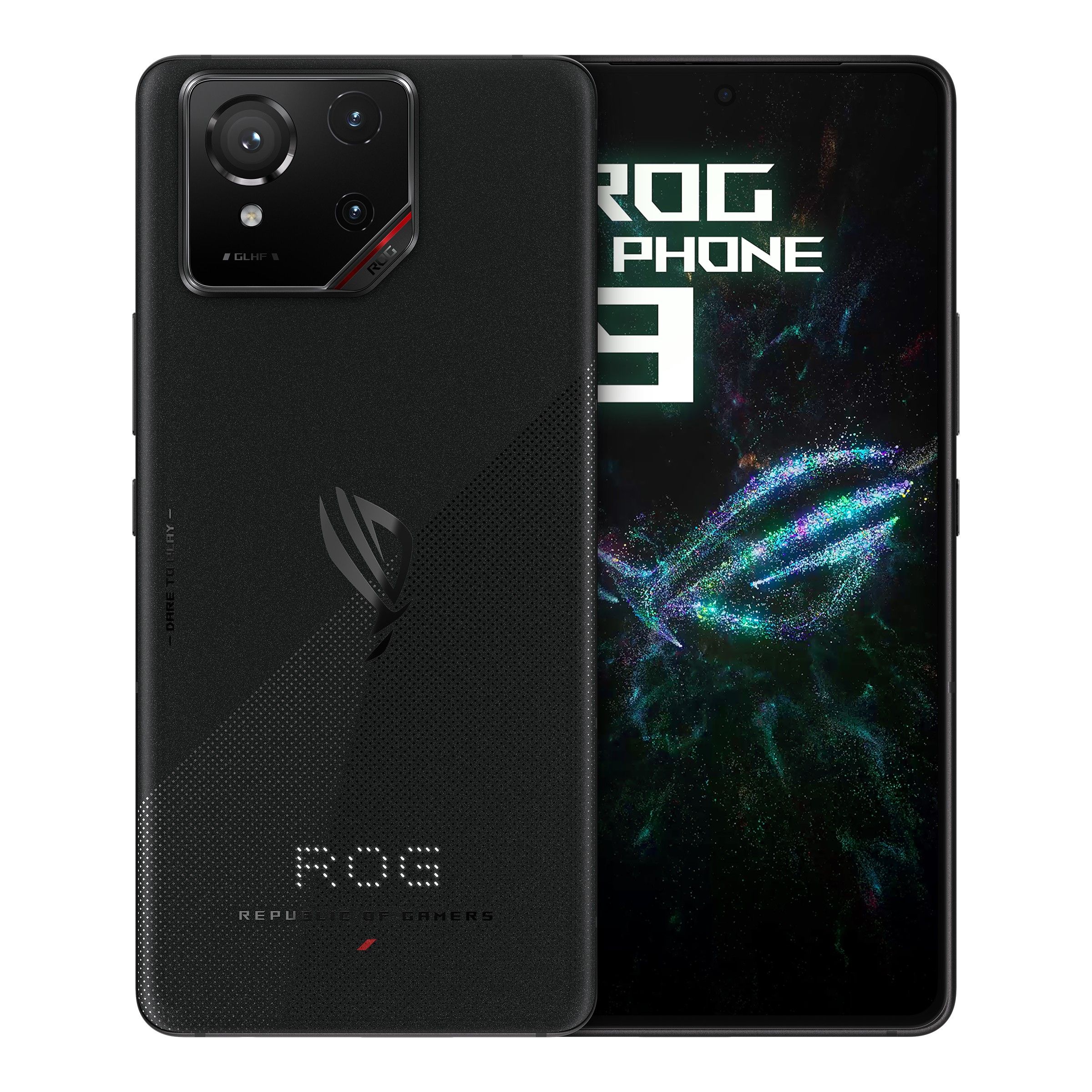 ROG Phone 9 em fundo branco mostrando frente e verso