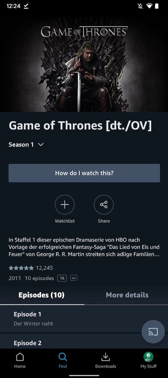 Página de informações da série Game of Thrones no aplicativo Amazon Prime Video