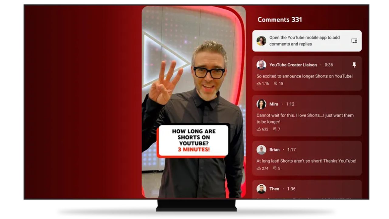 Nova interface de sobreposição do YouTube Shorts no aplicativo de TV.