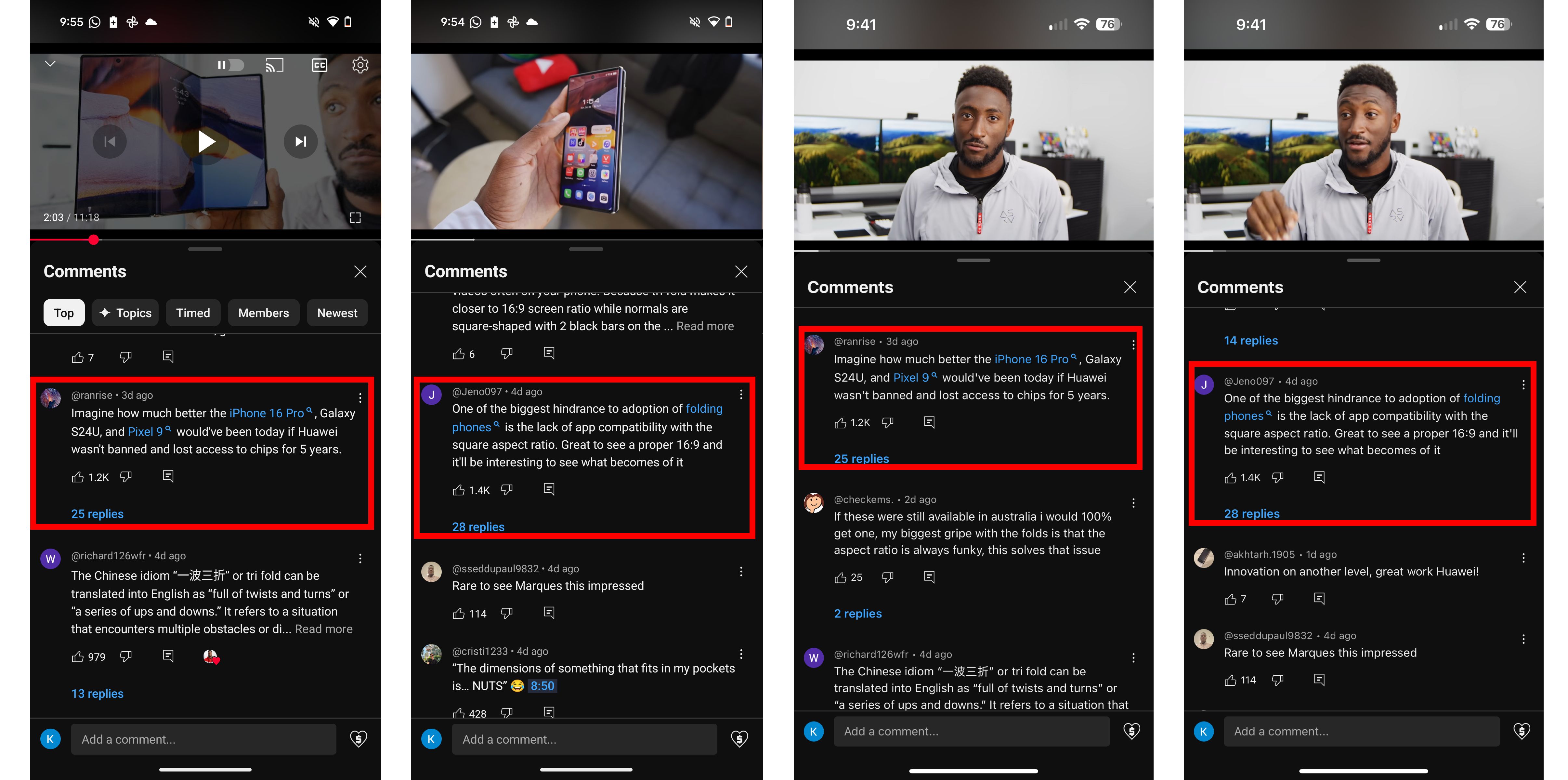 Capturas de tela dos comentários com hiperlinks do YouTube no Android e iOS.