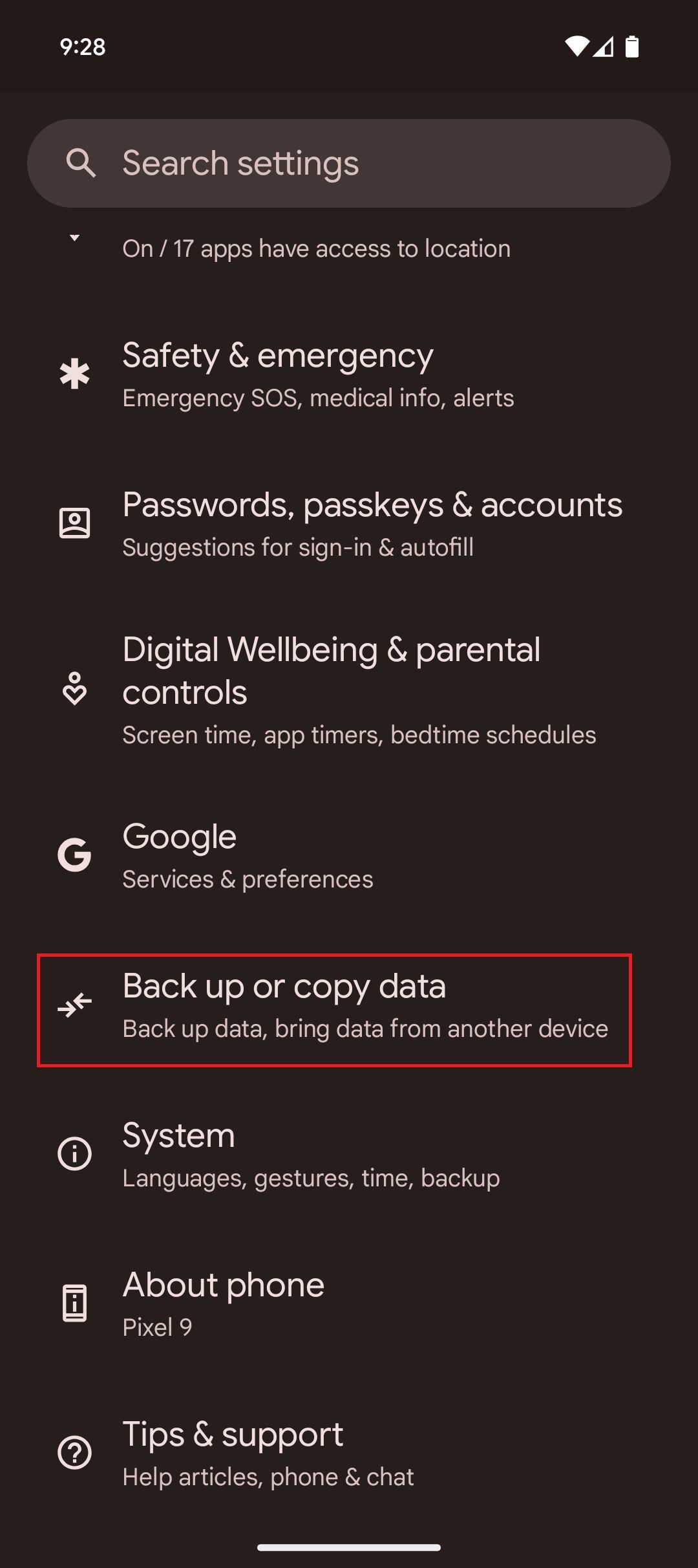 Captura de tela destacando fazer backup ou copiar dados no Pixel 9