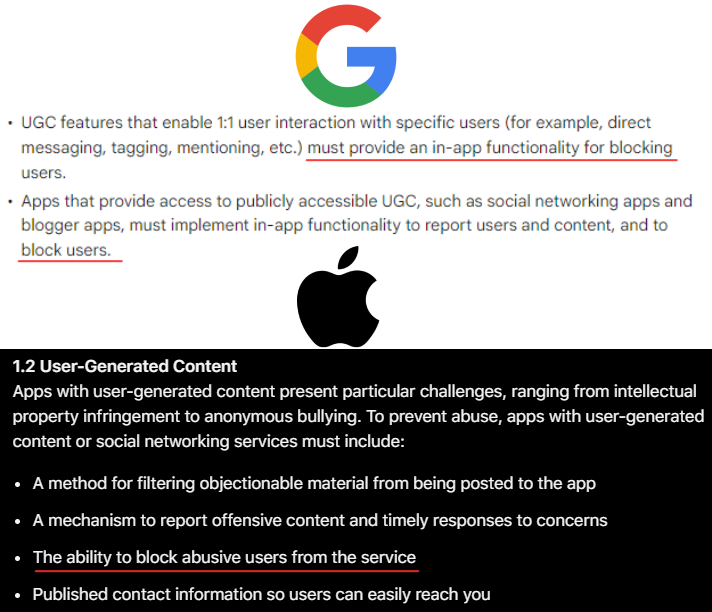 Diretrizes de aplicativos do Google e da Apple sugerindo que os aplicativos devem oferecer uma opção para bloquear usuários em uma plataforma.