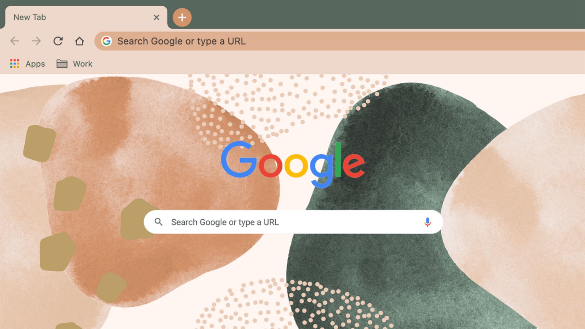 Navegador Google Chrome com o tema ‘Free Spirit’ aplicado, apresentando um design suave e abstrato com tons terrosos em verde, bege e castanho.