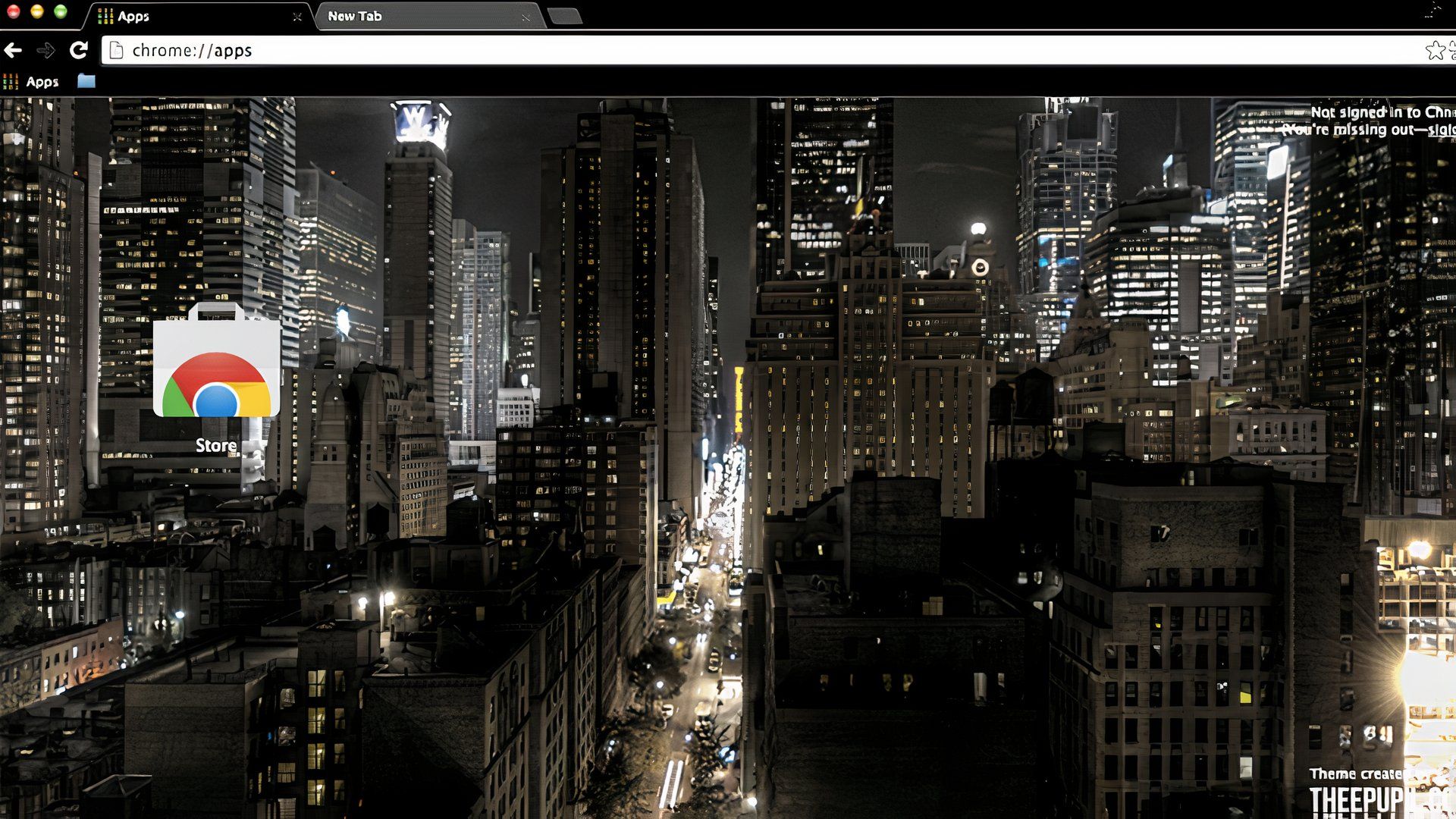 Navegador Google Chrome com o tema 'Nighttime New York' aplicado, apresentando uma paisagem urbana noturna monocromática de Nova York com arranha-céus iluminados e ruas movimentadas.