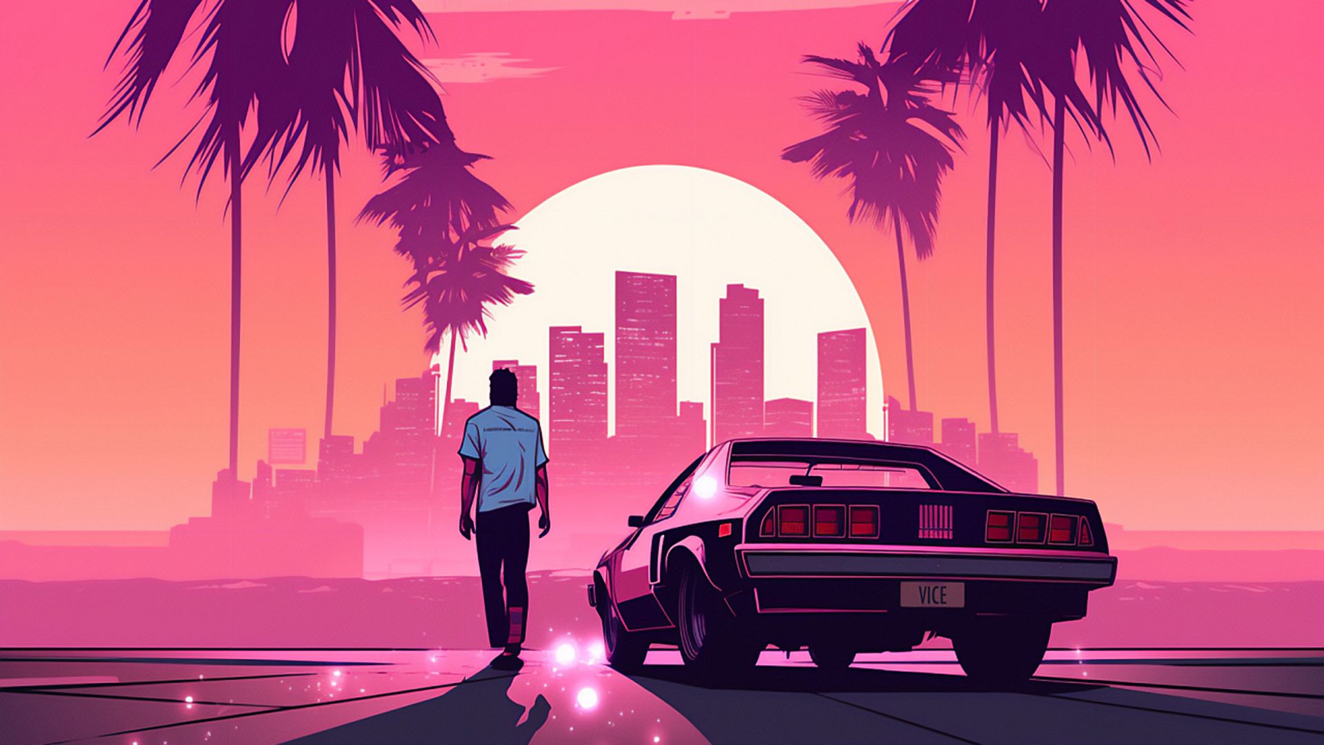 Navegador Google Chrome com tema ‘GTA 6 Vice’ aplicado, apresentando uma paisagem urbana de inspiração retrô com pôr do sol em tons rosa e laranja, palmeiras e um carro clássico.