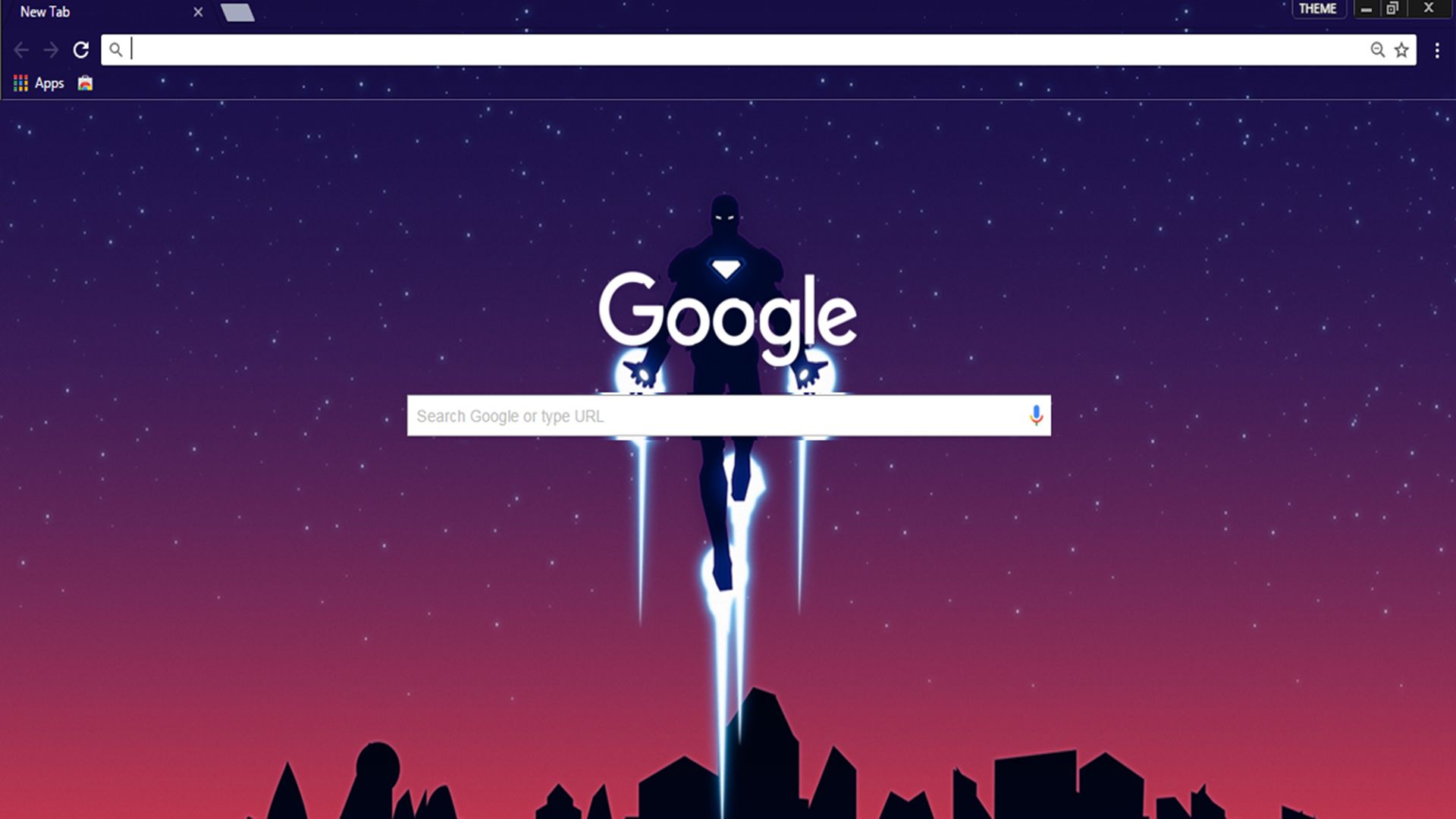 Navegador Google Chrome com o tema ‘Homem de Ferro’ aplicado, mostrando uma silhueta do Homem de Ferro voando sobre uma paisagem urbana sob um céu noturno estrelado com um gradiente de roxo a vermelho.