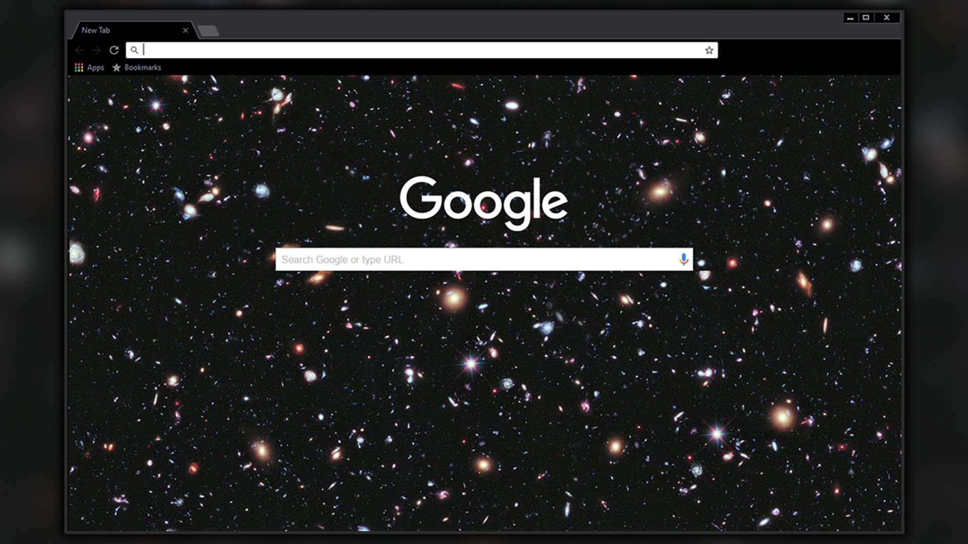 Navegador Google Chrome com o tema 'Deep Space', exibindo um fundo de galáxia estrelado repleto de estrelas distantes e nebulosas para uma experiência de navegação cósmica.