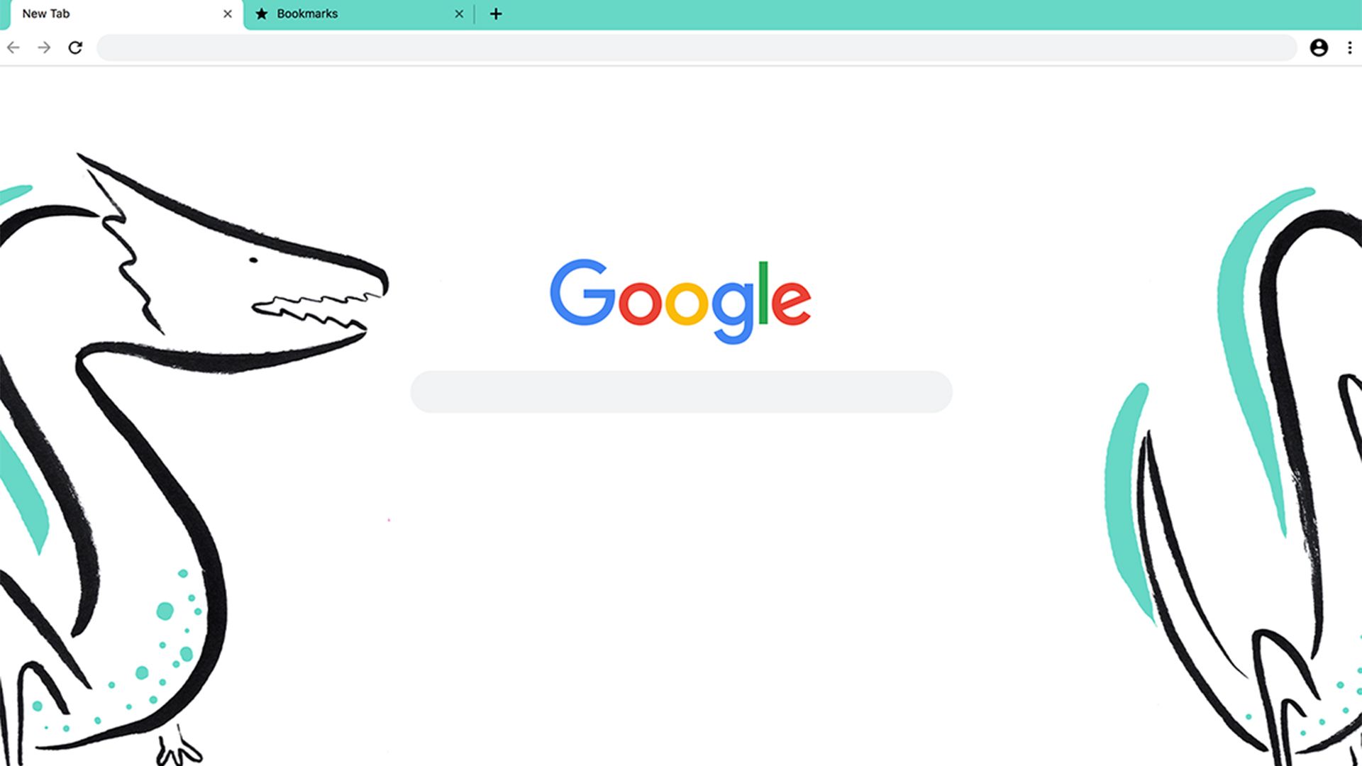 Navegador Google Chrome com o tema 'Dragon Zodiac' aplicado, apresentando uma ilustração minimalista e artística de um dragão em preto e verde-azulado contra um fundo branco e limpo.