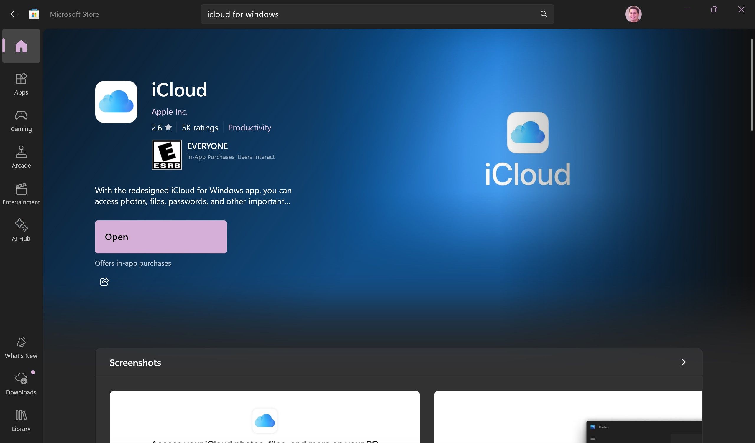 A listagem do aplicativo iCloud para Windows na Microsoft Store