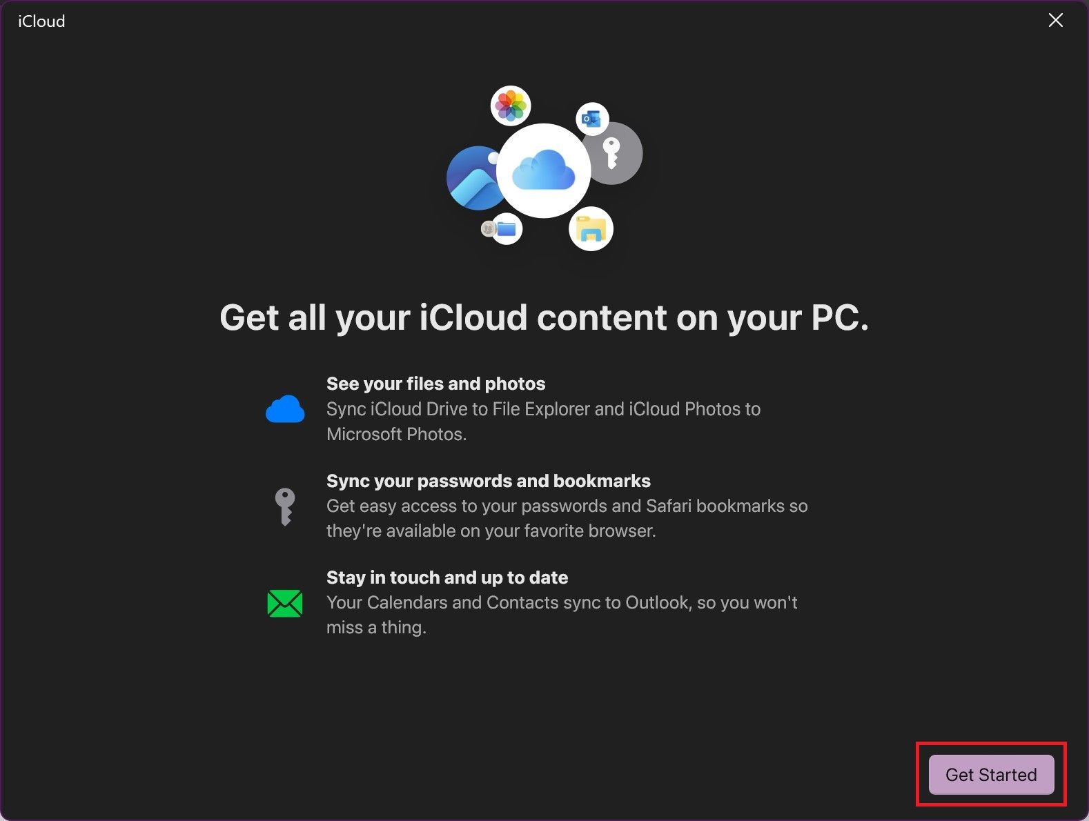 A tela de inicialização do aplicativo iCloud para Windows com uma caixa vermelha ao redor do botão Começar