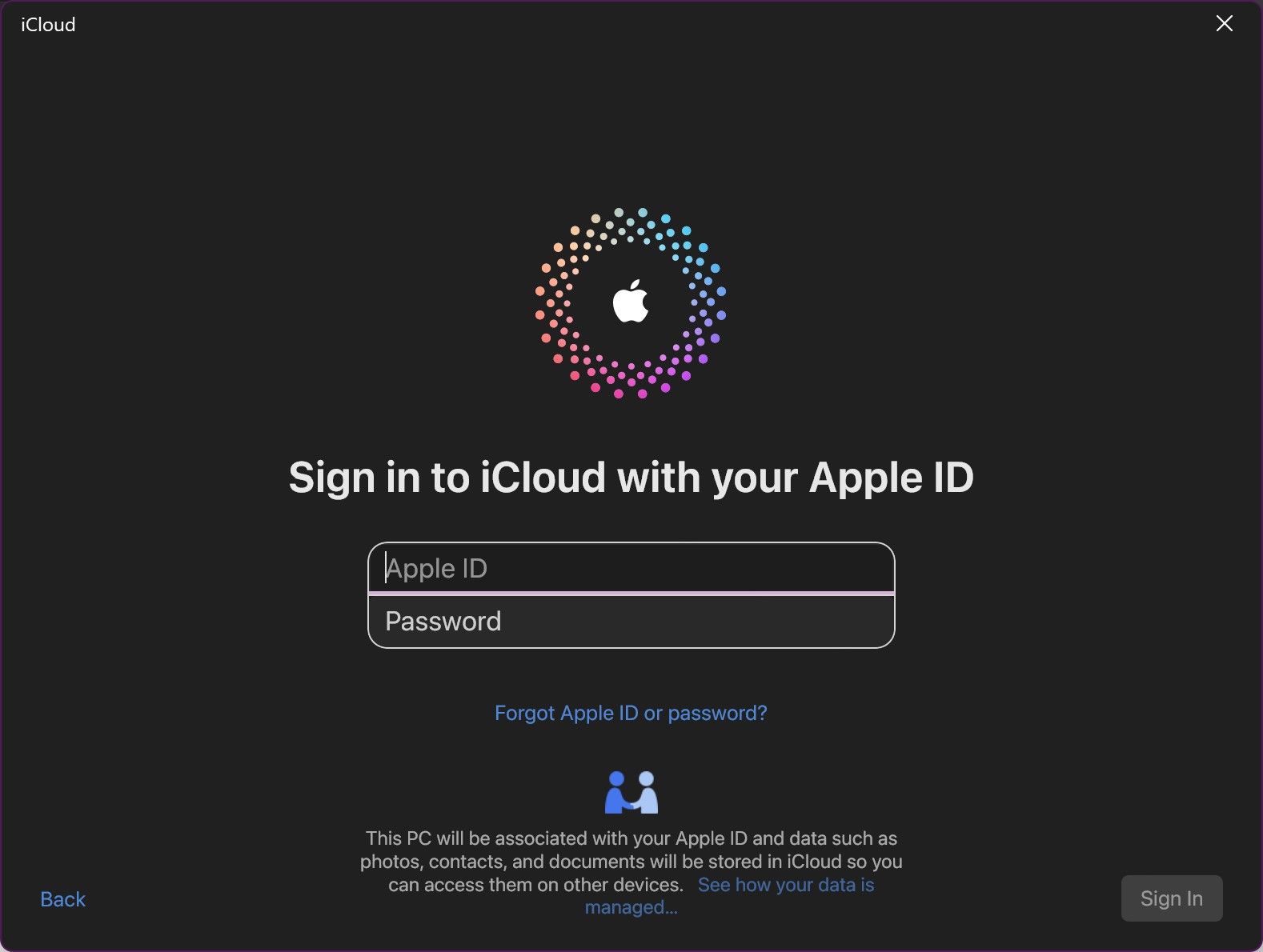 A tela de login do aplicativo iCloud para Windows