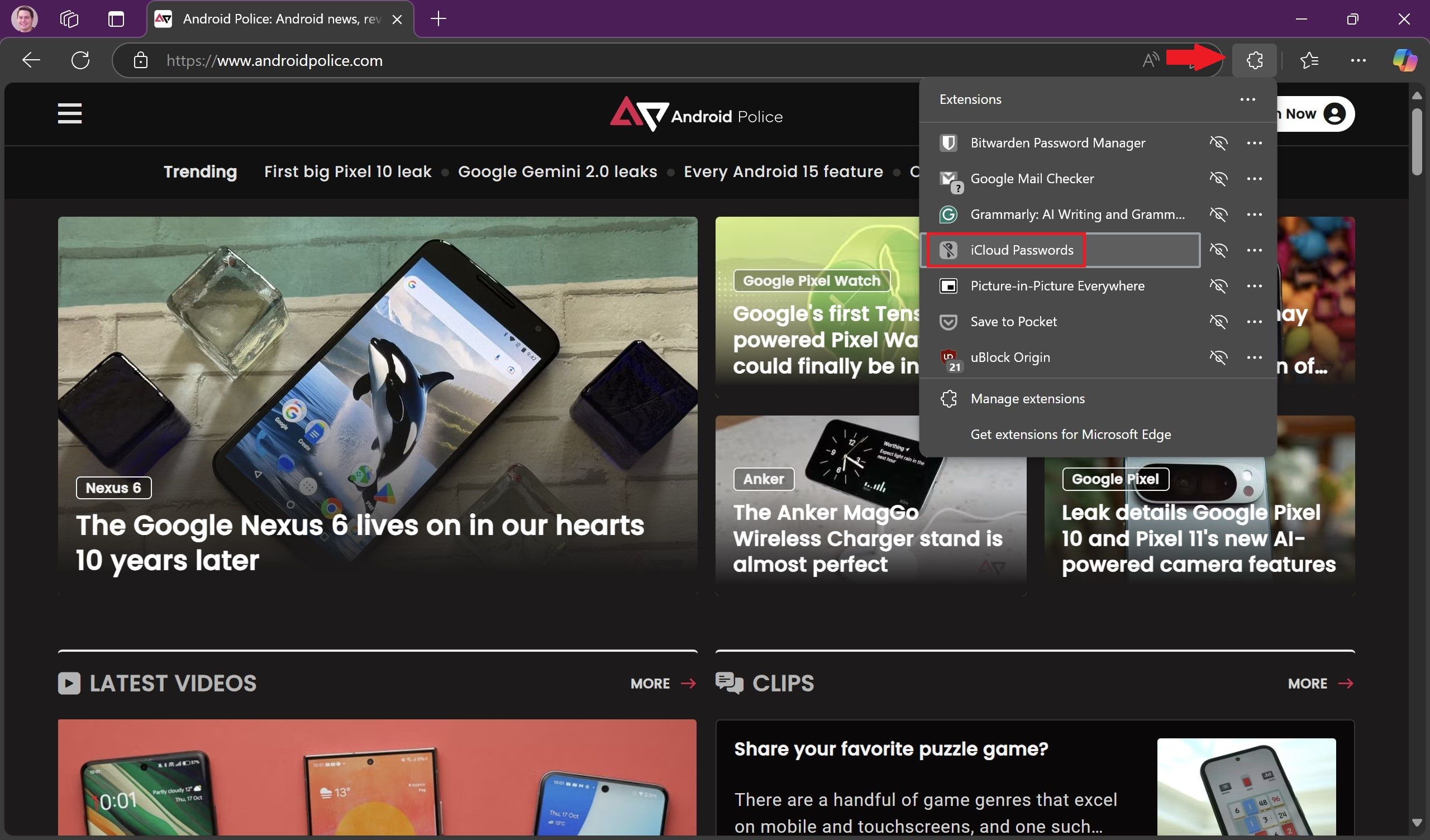 O site do Android Police aberto no Microsoft Edge com uma seta vermelha apontando para o botão de extensões e uma caixa vermelha ao redor da extensão iCloud Passwords