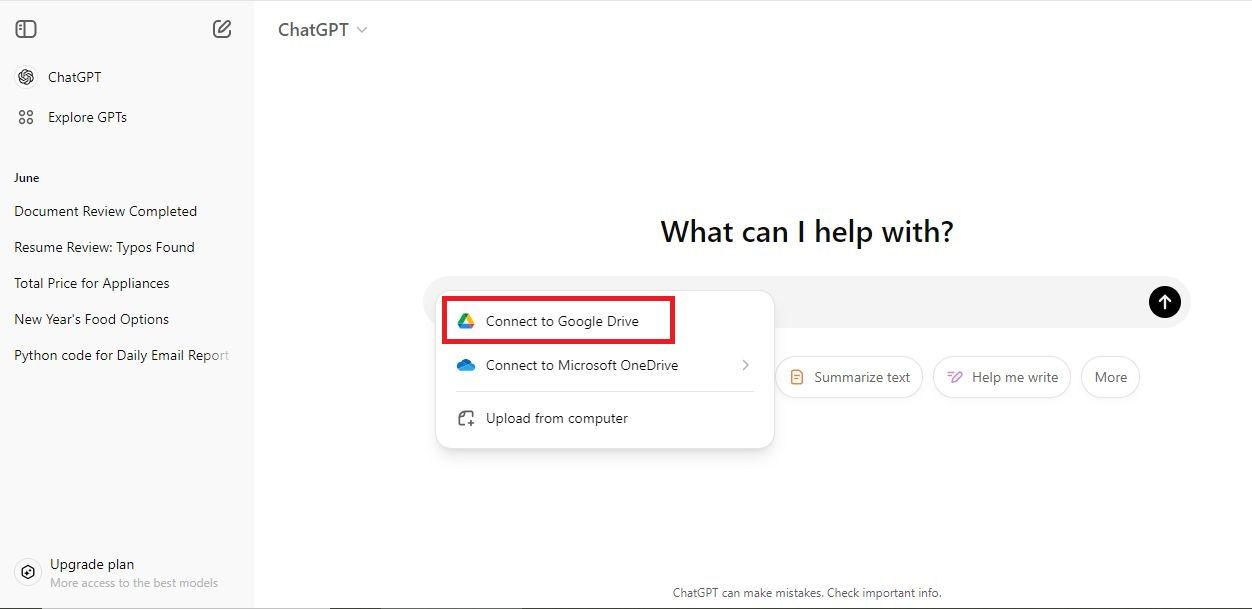 Captura de tela destacando Conectar ao Google Drive no ChatGPT na web