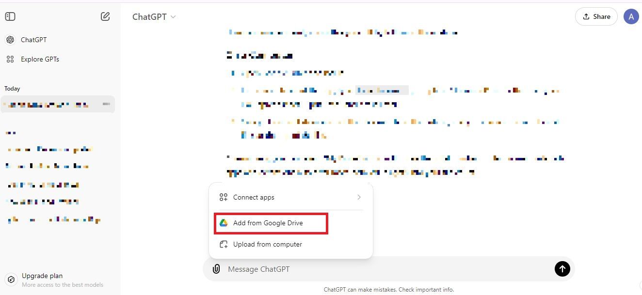 Captura de tela destacando Adicionar do Google Drive no ChatGPT na web