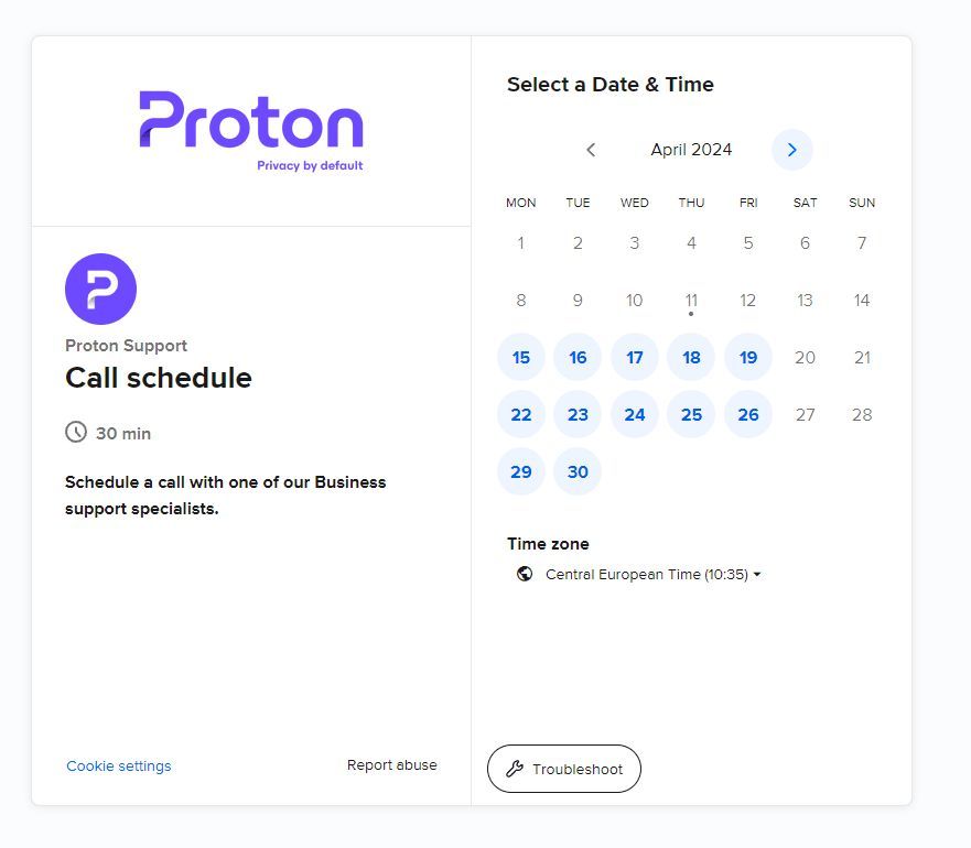 Captura de tela da página de programação do Proton Mail Call