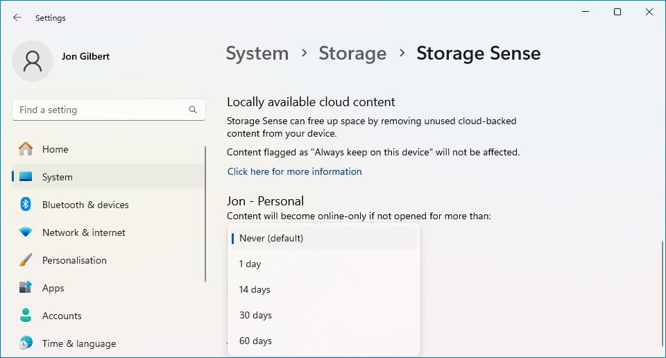 aplicativo de configurações do Windows mostrando opções de detecção de armazenamento no menu suspenso