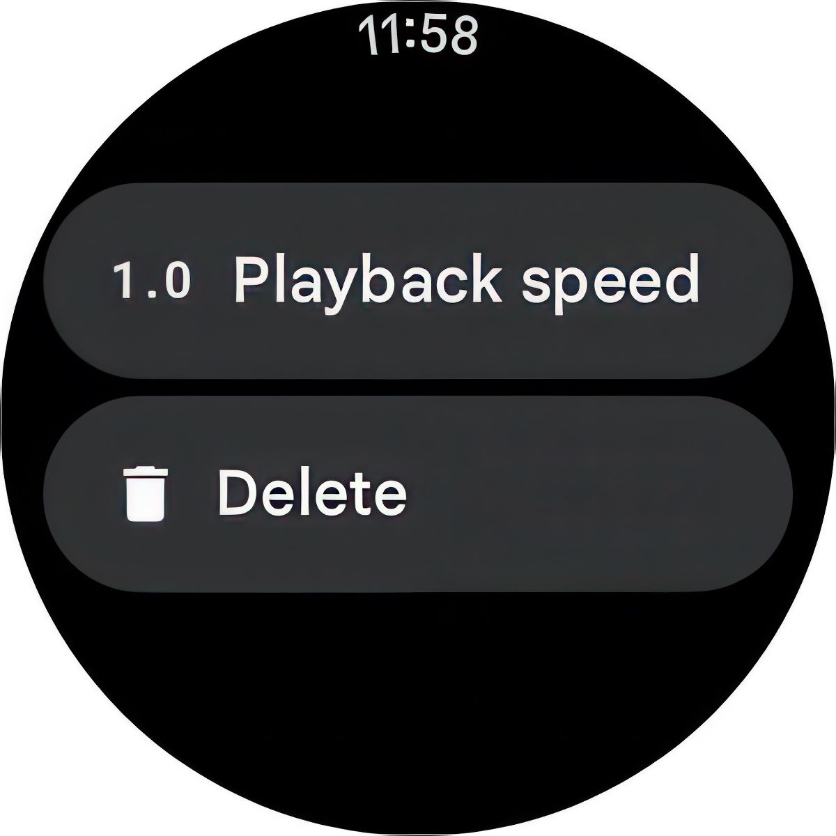 Uma captura de tela das opções de menu do aplicativo Google Pixel Watch 3 Recorder.