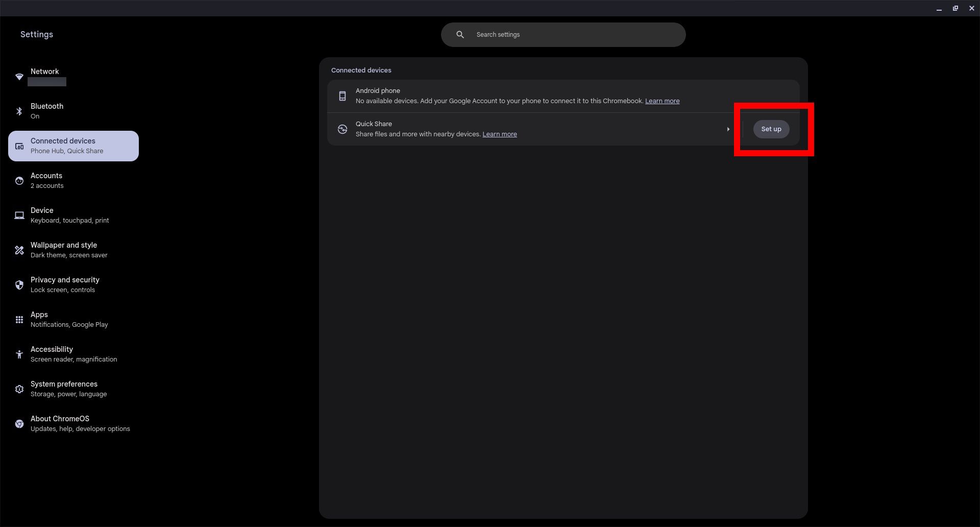 Destaque do contorno do retângulo vermelho Configurar ao lado do Quick Share nas configurações do Chromebook