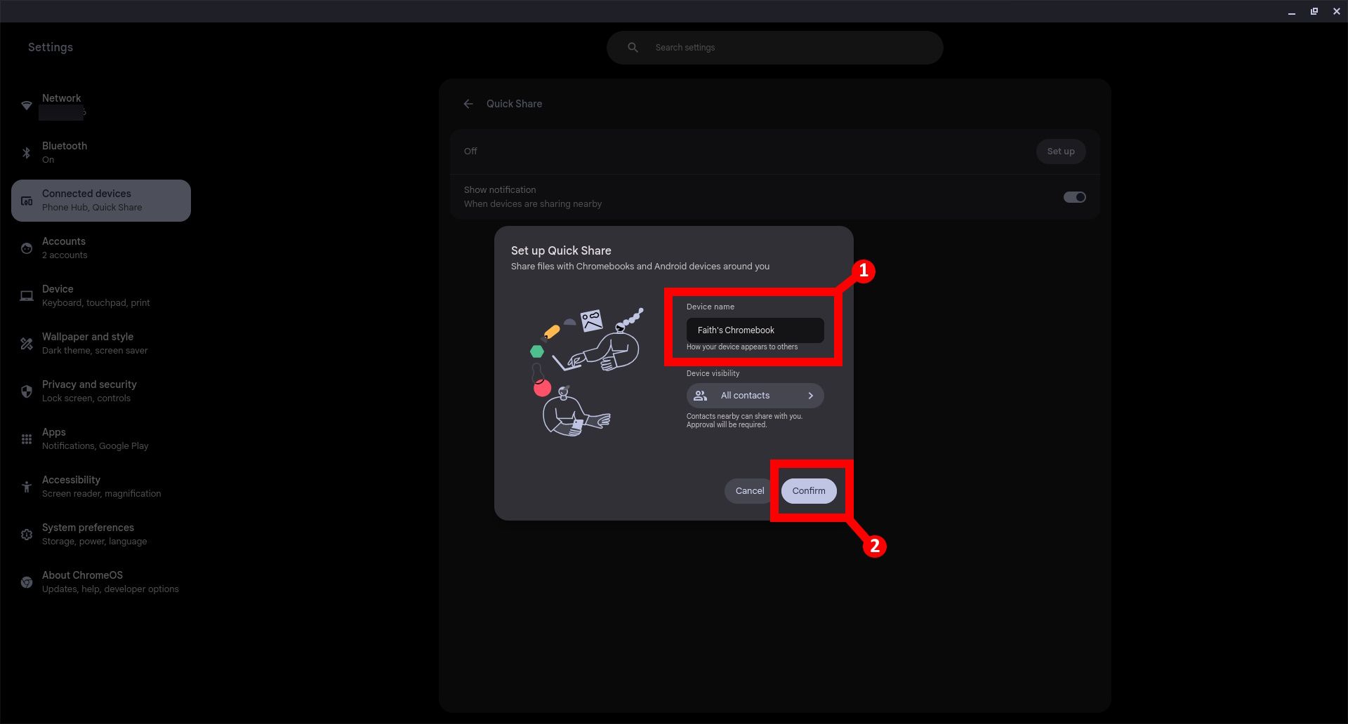 Dois rótulos no Chromebook Quick Share configurados ao lado do campo Nome do dispositivo e do botão de confirmação