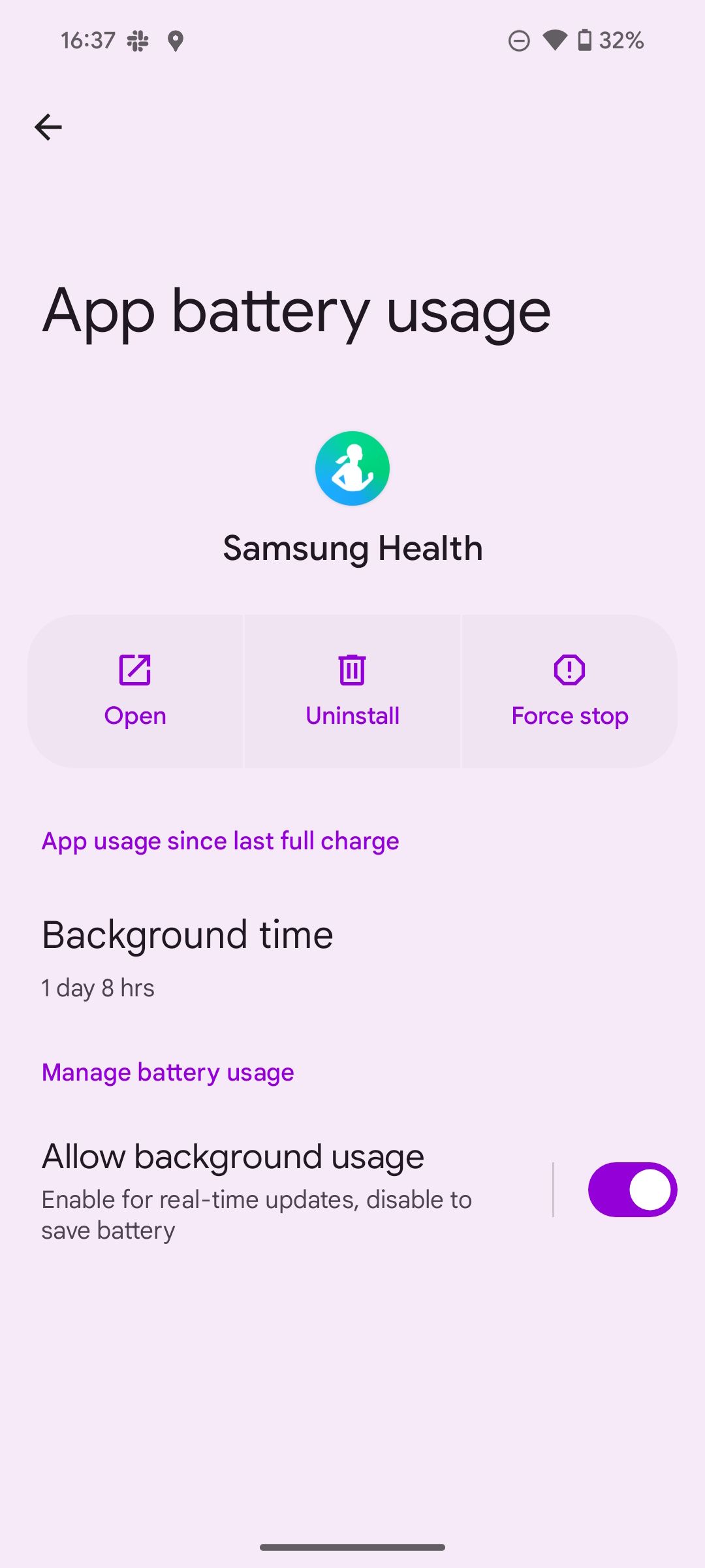 Página de uso da bateria do aplicativo Samsung Health mostrando o tempo de fundo e as permissões