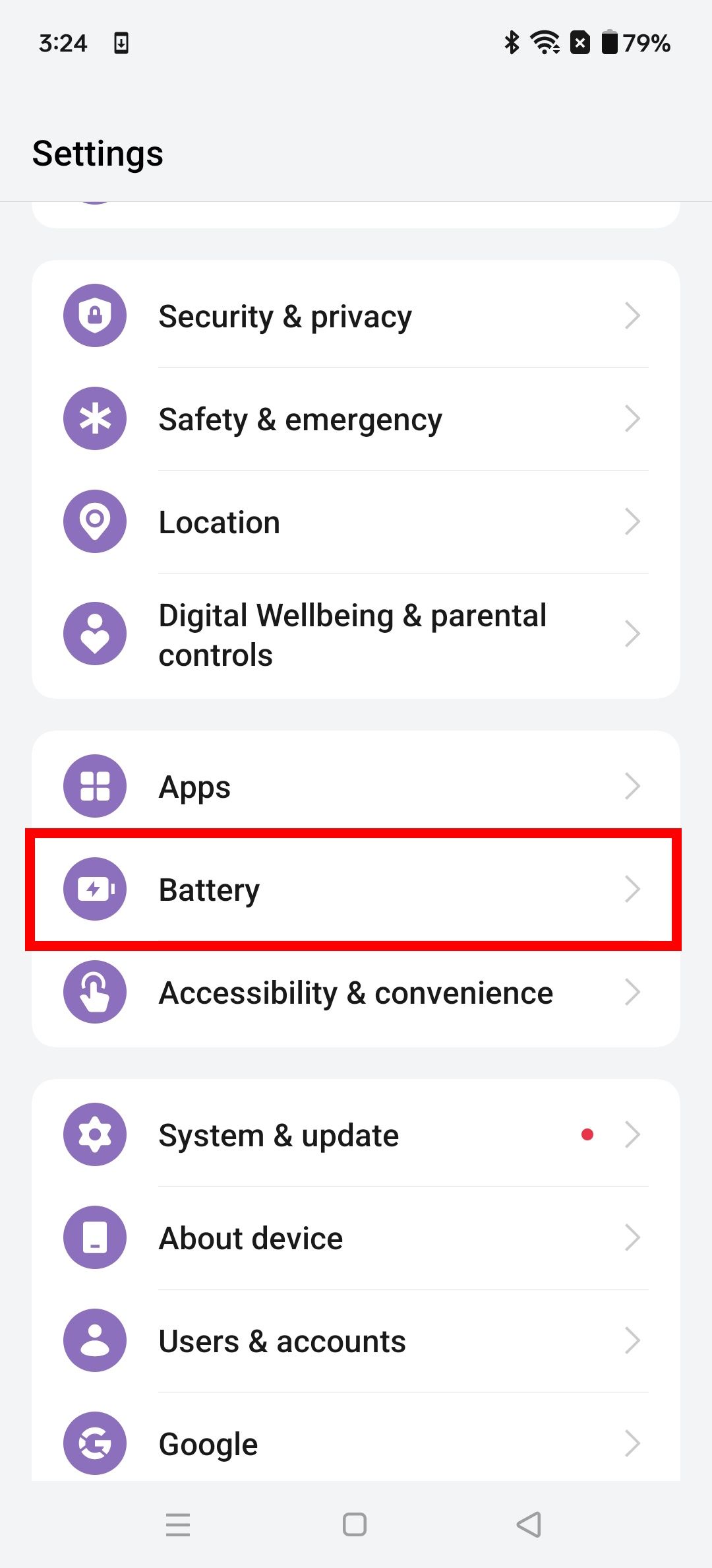 Retângulo vermelho destacando bateria nas configurações do OnePlus no OxygenOS 14