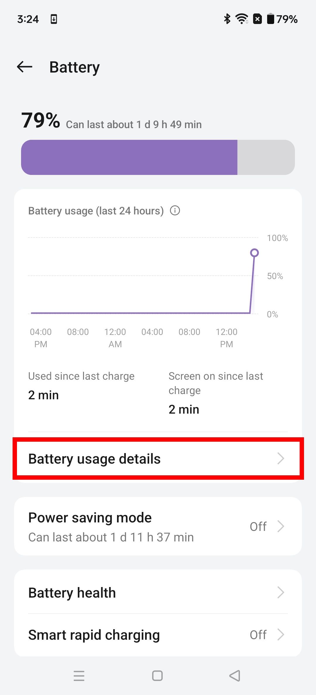 Contorno de retângulo vermelho destacando detalhes de uso da bateria nas configurações de bateria no OxygenOS 14